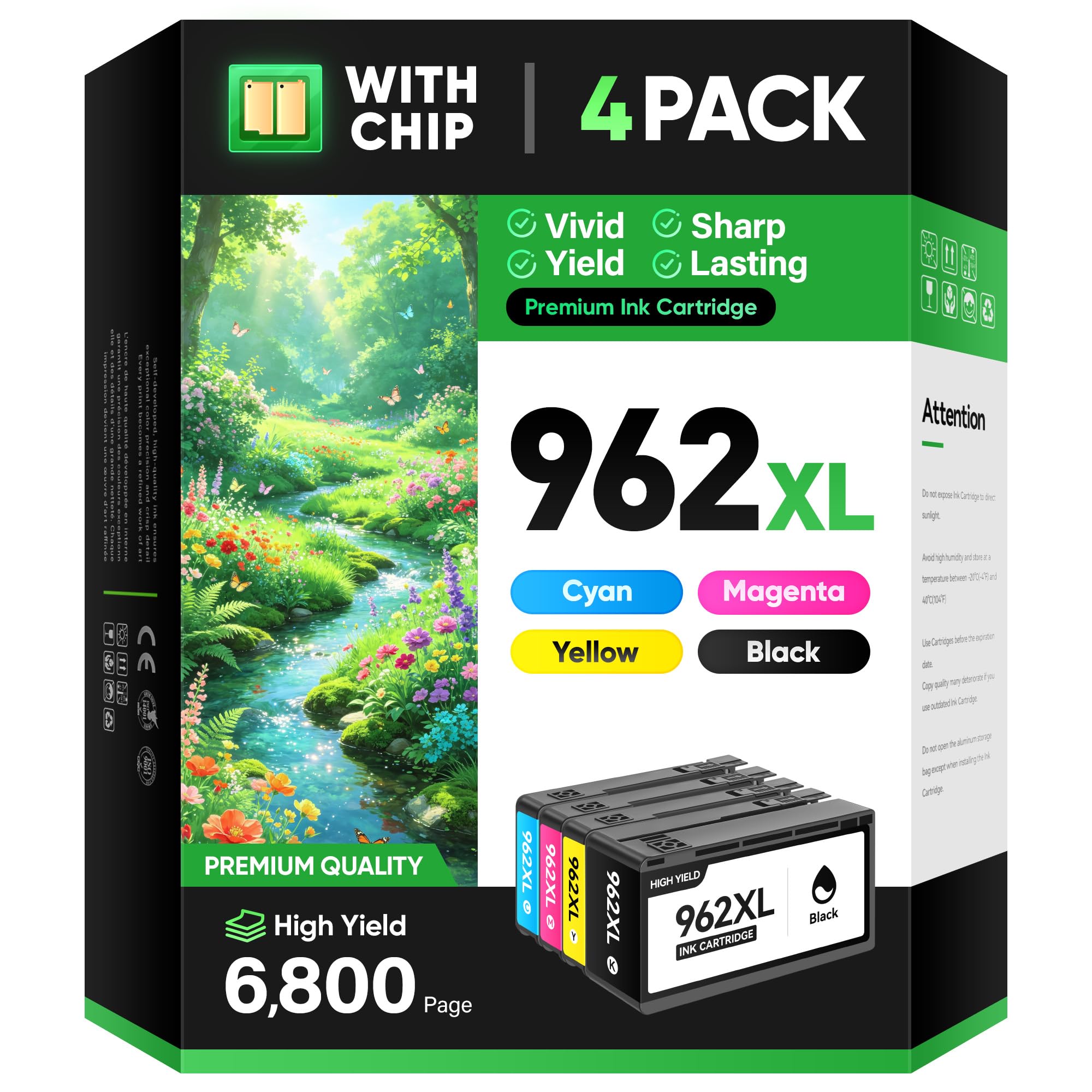 962XL Ink Cartridges 4-Pack High Yield with Chip Compatible for HP 962 962XL Ink Works with HP OfficeJet 9012 Pro 9010 9014 9015e 9016 9018 9019 9020 9022 9025 9028e Printers Black Cyan Magenta Yellow