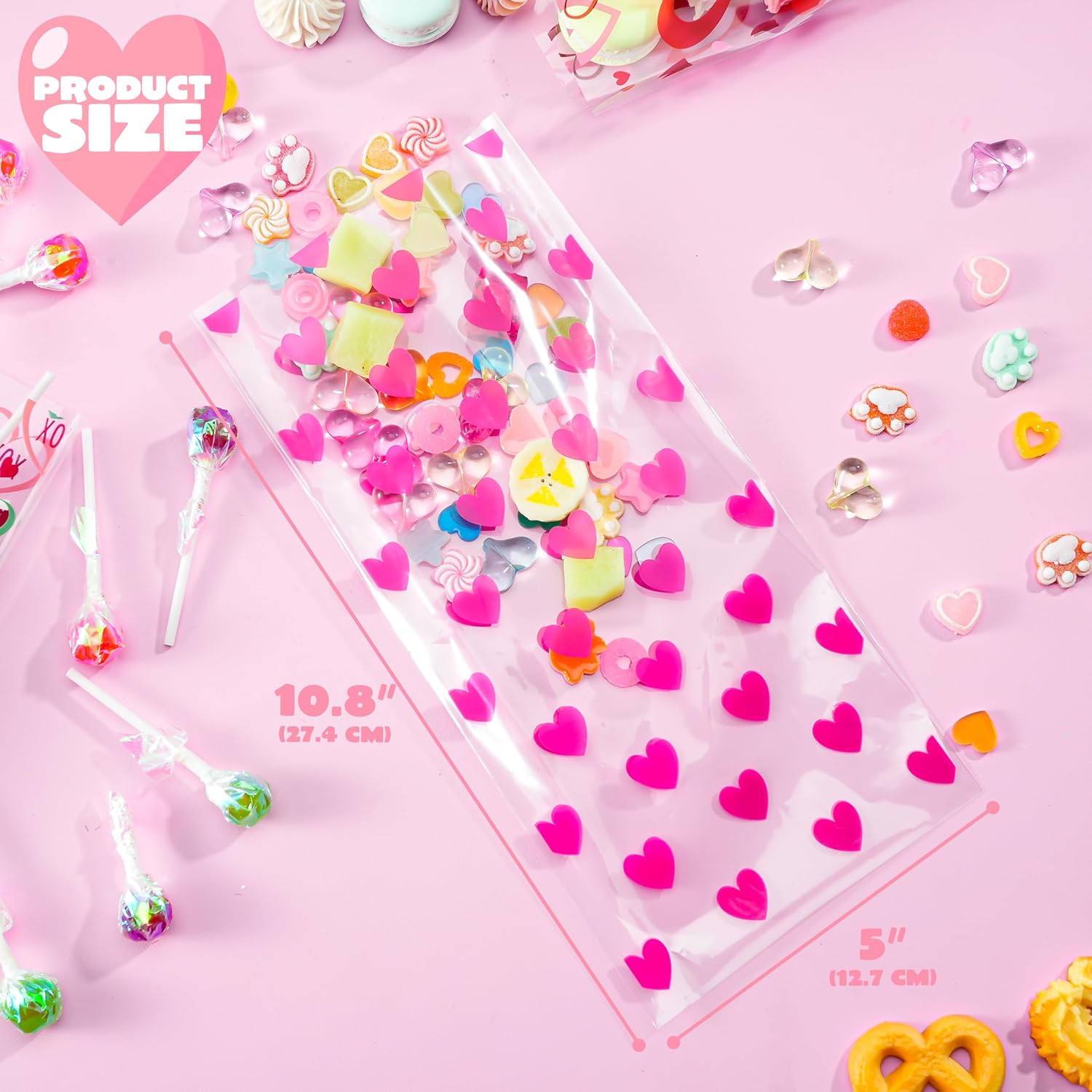 JOYIN 150 Pcs Valentine's Day Cellophane Gift Bag, 10.8" Gift Treat Bags with Gift Tag, Cookie Bags with 6 Themed Designs for Kids Party Favor, Classroom Exchange Prizes,Valentine’s Goodie Bag