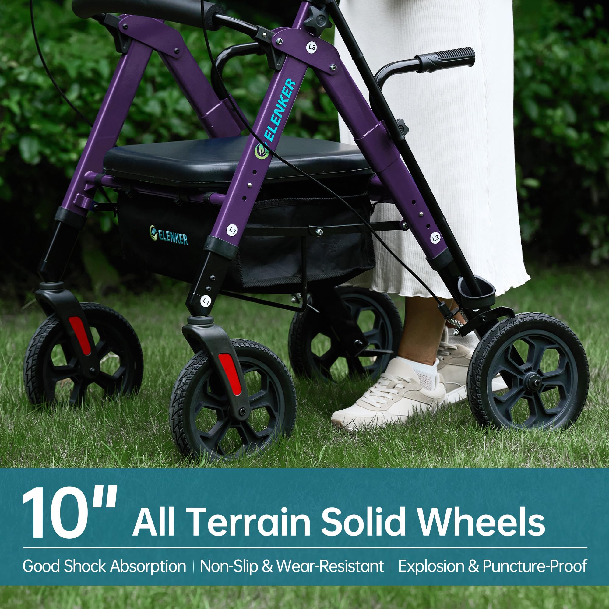 ELENKER All Terrain Heavy Duty Upright Walker with Extra Wide Seat, Foldable Aluminum Bariatric Stand Up Rolling Walker, 10” Wheels, Fully Adjustment Frame, Support up to 500 lbs for Seniors, Purple