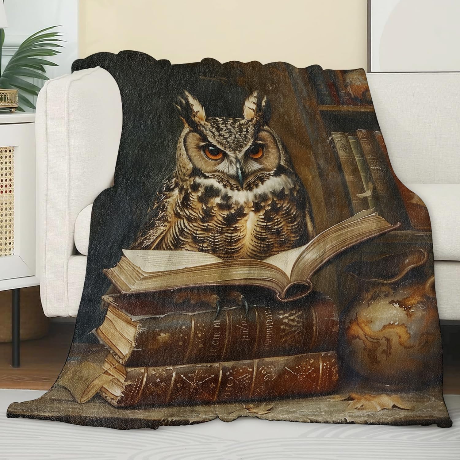 Owl Blanket,Gifts for Animal and Nature Lovers,Lightweight Flannel Throw Blankets,Retro Bird with Book in Library Throws Home Decor,for Couch Living Room Office,60x50inch - Image 3