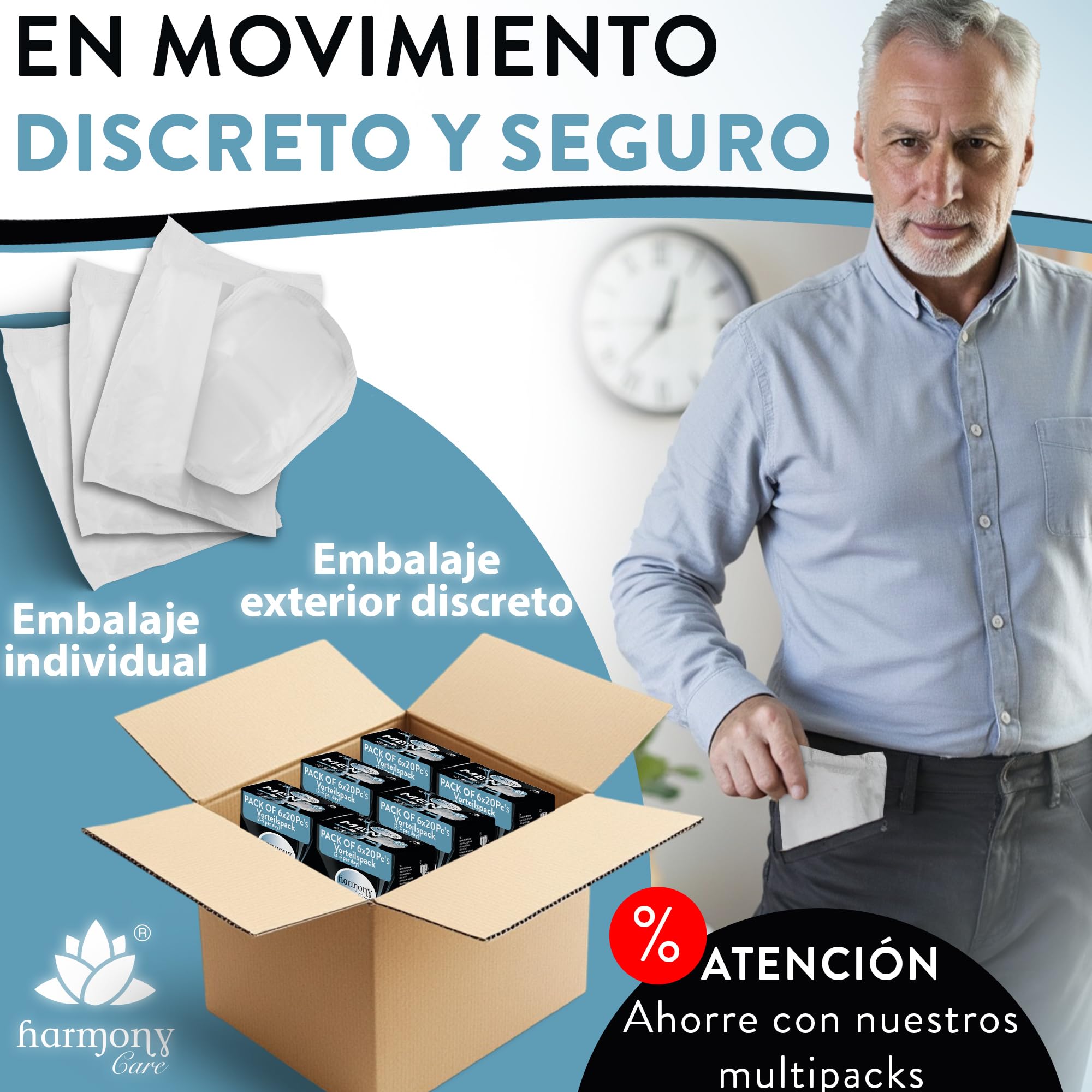 Harmony Care® Men - Compresas de incontinencia súper absorbentes para hombres leve a moderada - Discretas compresas para hombres en caso de incontinencia - 120 unidades