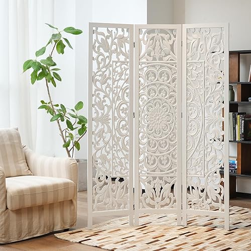 Miniatura 10 de Divisor de habitación bohemio con tallado de plumas, pantalla de madera calada de 4 paneles, partición plegable decorativa para sala de estar, Beige