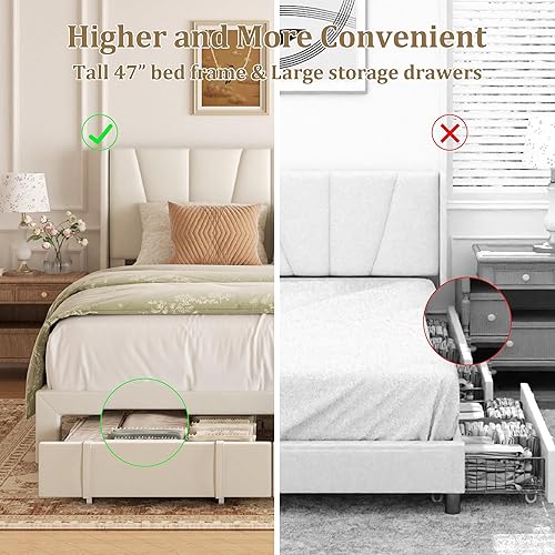 Miniatura 6 de Marco de Cama Queen con Cajones de Almacenamiento, Cama de Plataforma Tapizada Tamaño Queen con Cabecera de 47" de Alto y Respaldo Lateral, No