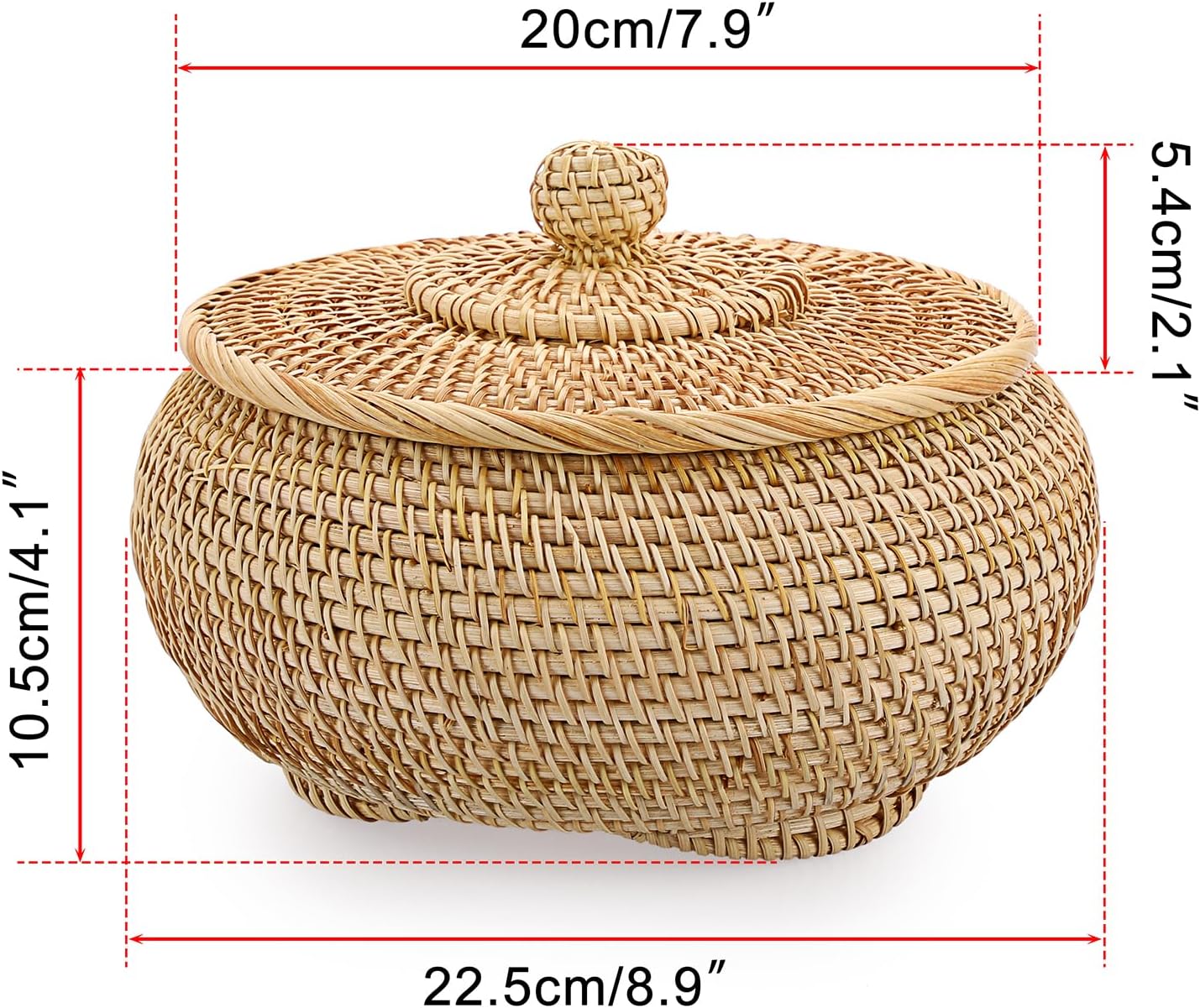 Hipiwe Round Rattan Basket Box with Lid Hand-Woven Wicker Basket Bin Tray Multi-Purpose Picnic Food Bread Storage Basket Decorative Box for Home Bathroom Shelf Organizing, Small