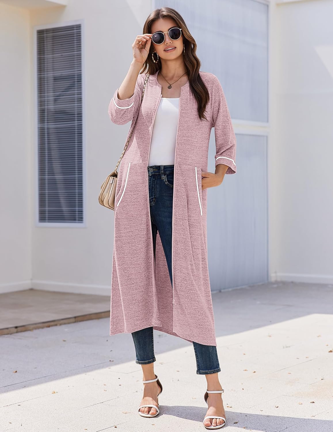 Ekouaer Zipper Robes for Women 3/4 Sleeve Bathrobe Lightweight House Coats for Women with Pockets Long Moo Moo Nightgown - Image 3