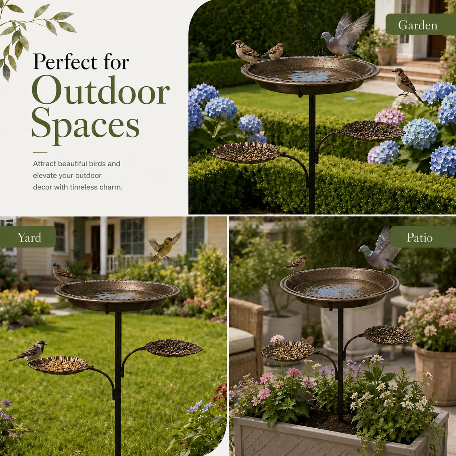 Metall Vogeltränke Stehend, 2 in 1 Vogelbad & Futterschale,Bird Bath für Garten, Vintage Vogeltränke Balkon, Freistehendes Vogelbad Gartenstecker, Wassertränke für Vögel