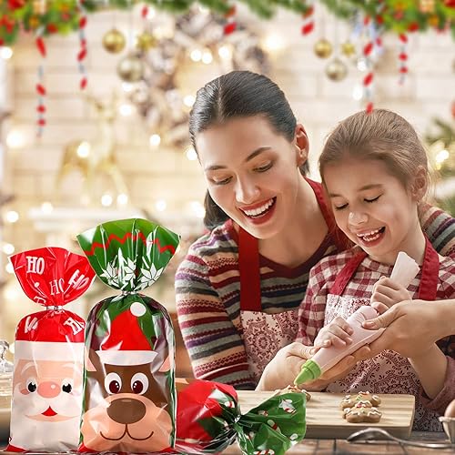 Miniatura 5 de Blulu 180 bolsas de plástico de celofán de caramelo de Navidad con 200 lazos dorados y plateados para Navidad, Papá Noel, galletas, regalos de