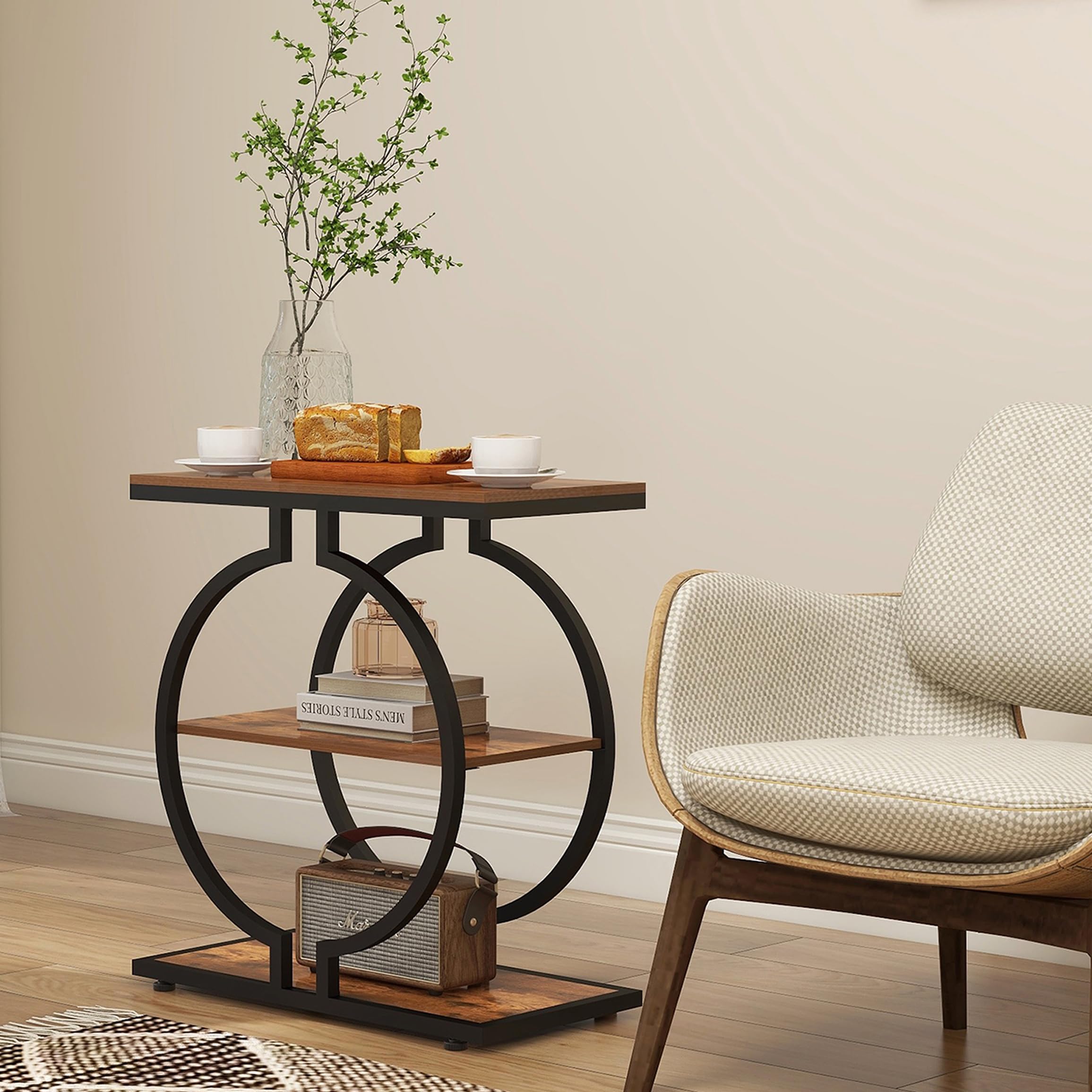 Trironsun Mesa auxiliar estrecha con 3 niveles, mesa redonda para sofá con estructura en forma de O, pequeña mesa industrial para salón dormitorio (marrón rústico)
