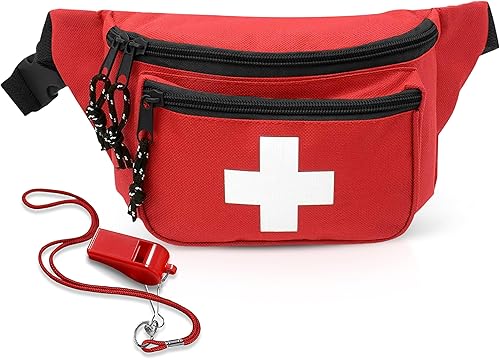 Lifeguard - Cangurera roja con cordón de silbato, mochila de primeros auxilios estilo Baywatch, correa ajustable, logotipo cruzado + bolsa con