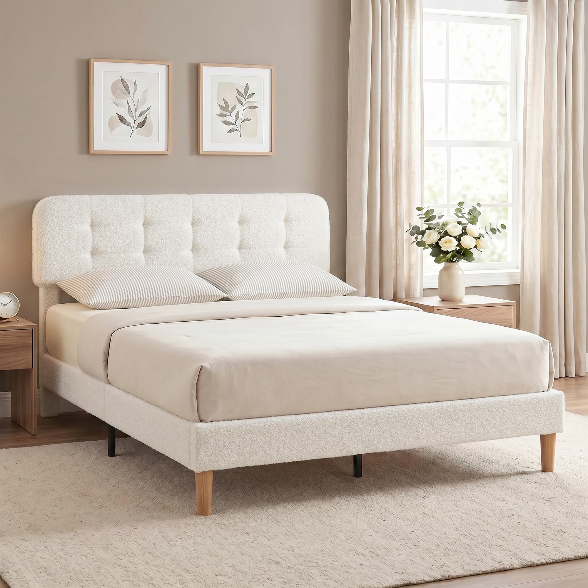 HOMCOM Cadre de lit 160 x 200 cm avec sommier, Tête Réglable, Blanc | Lit Double Rembourré Velours Boucle, Support à Lattes en Bois, Rangement au-dessous, Sans Bruit, Montage Facile