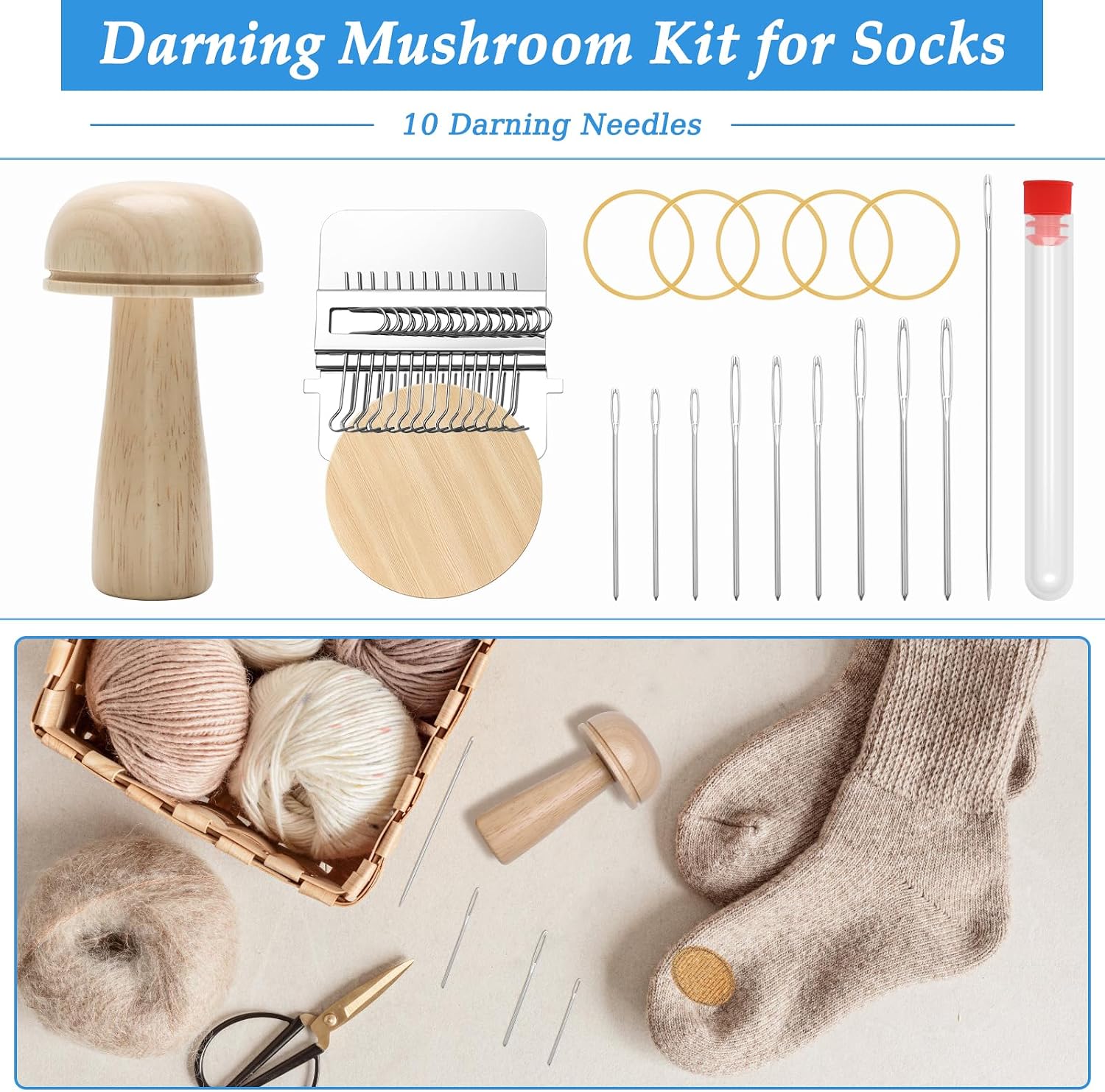 Windspeed Wooden Darning Mushroom for Sock Darning Supplies Include 1 Mushroom Shape Tool,14 Hooks Speedweve Loom 9 Large Eye Needles for DIY Handicraft Home Sewing Care