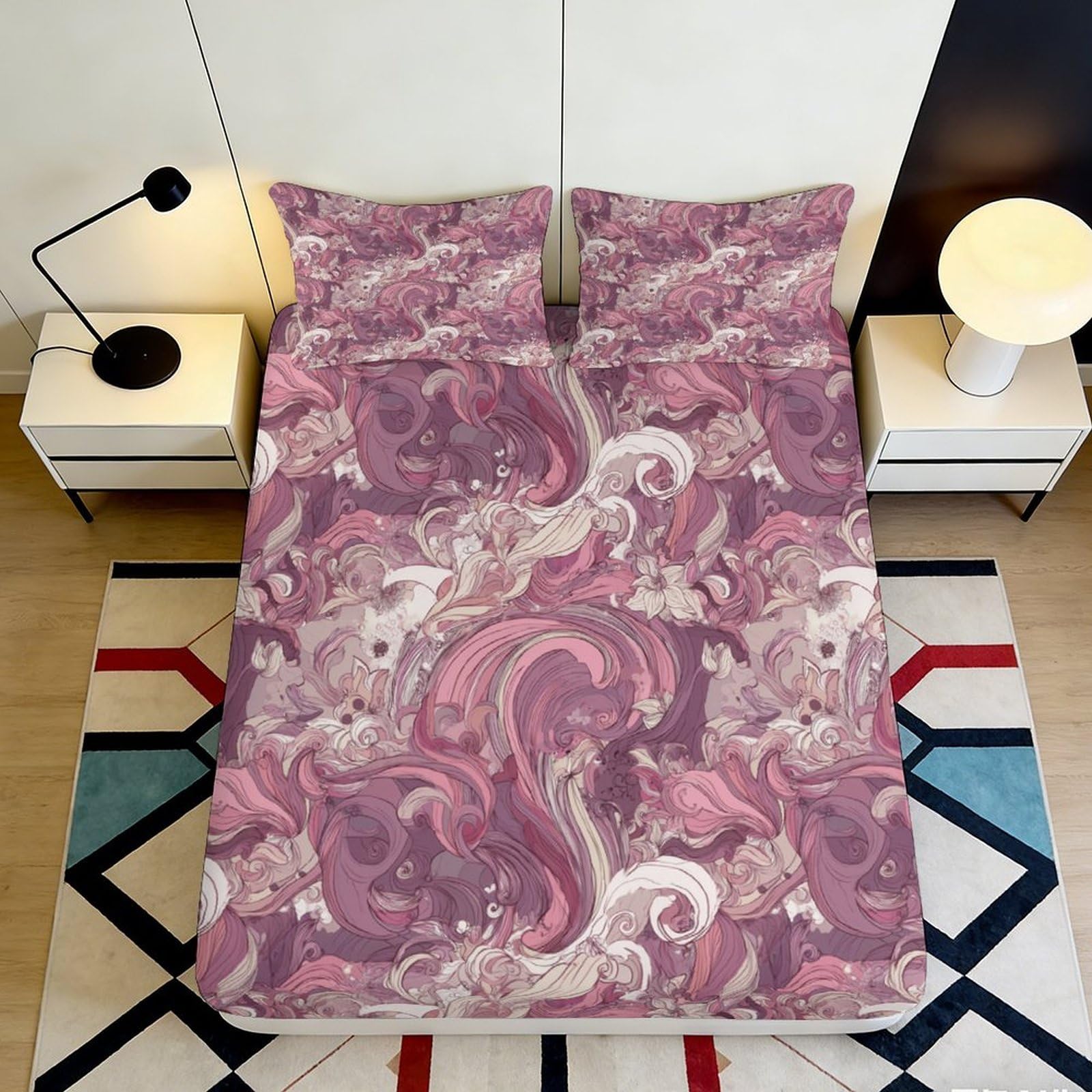 3D Printed Marble Swirl Fitted Sheet Microfiber Soft Pink Abstract Bed Cover for Bedroom Guest Room Decor 90x200x25cm
