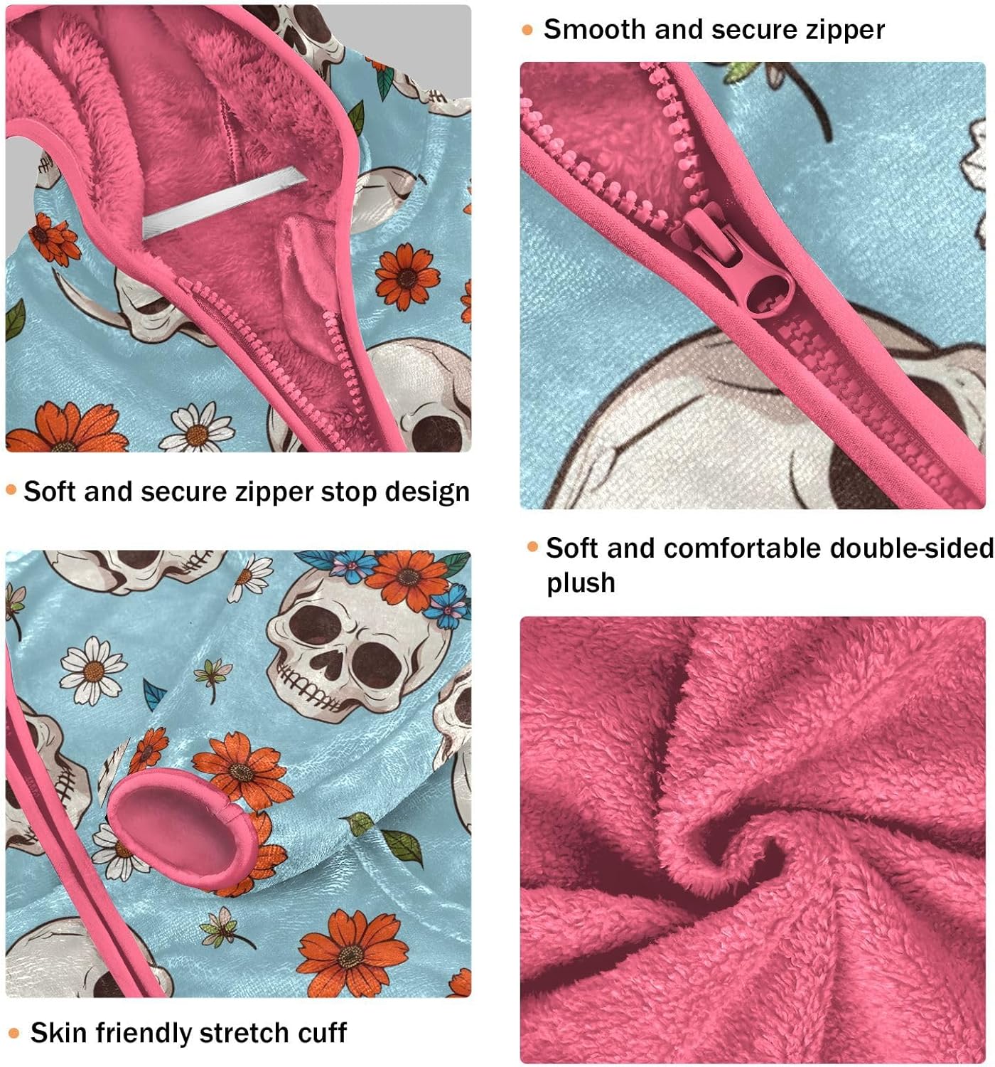 Girls Hoodie Outfit Skull Red Flower Pattern Zipper Sweatshirt Coat Fleece Jacket for Kids 3-10T