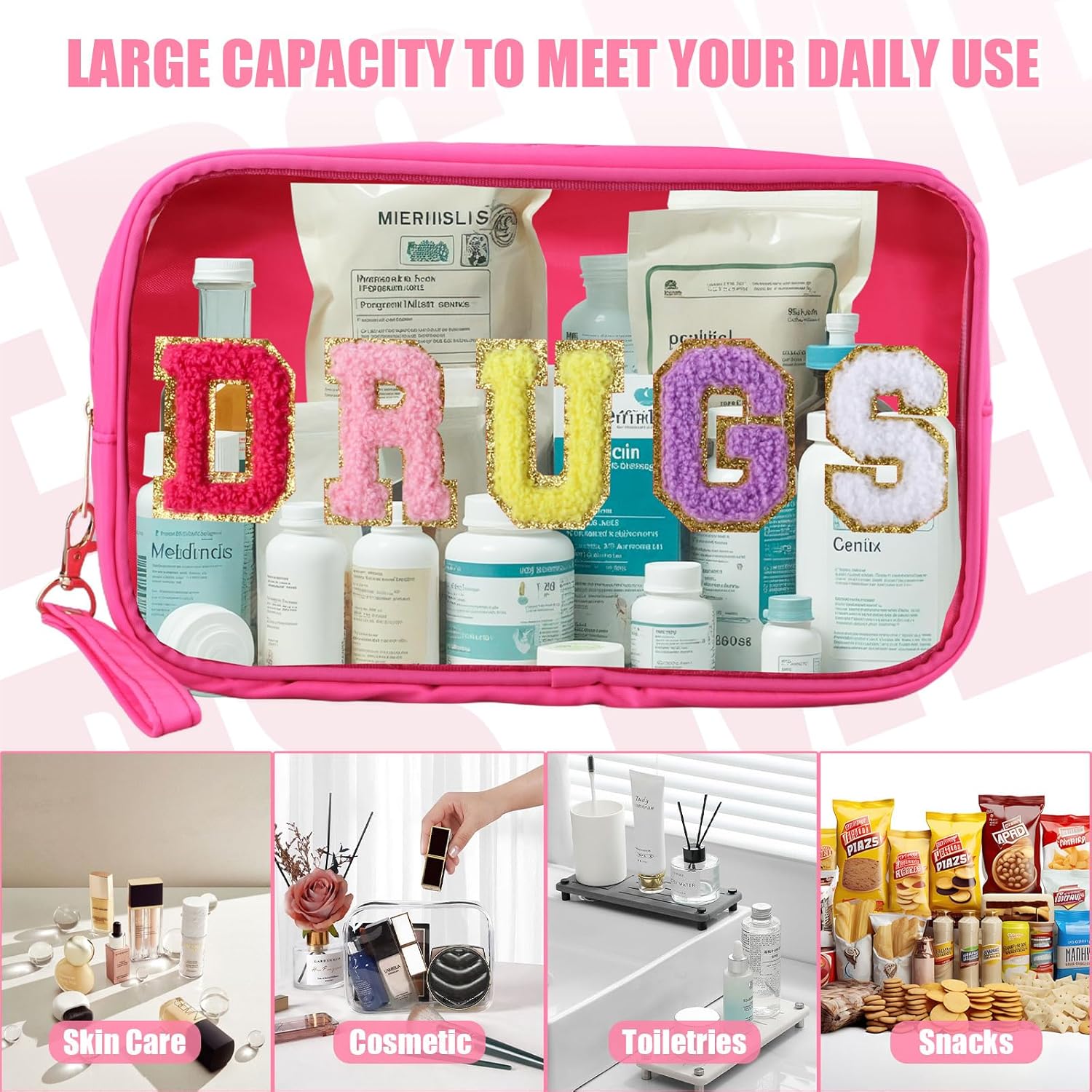 BuyCard 2 Pcs Chenille Letter Drugs Clear Makeup Meds Bag, Nylon & PVC Transparent Cosmetic Bag, Preppy Patch Drug Bag, Toiletry Storage for Women Girls, Rose Red - Image 4