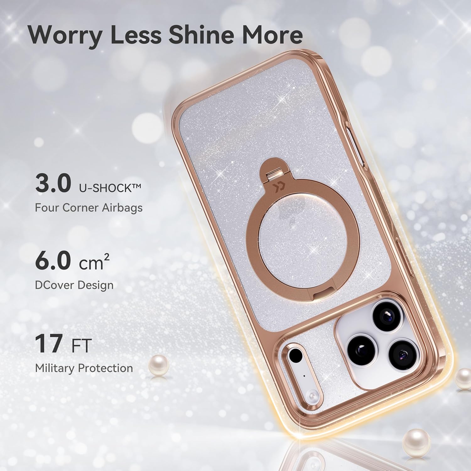 CASEKOO Rose Gold Pearl Sparkle 360 Spin Magnetic Stand for Glossy iPhone 17 Pro Case for Women, Fit for MagSafe, 17FT Drop Protection, Chic Design for 17 Pro Case with Stand, Sparkle Rose Gold - Image 6