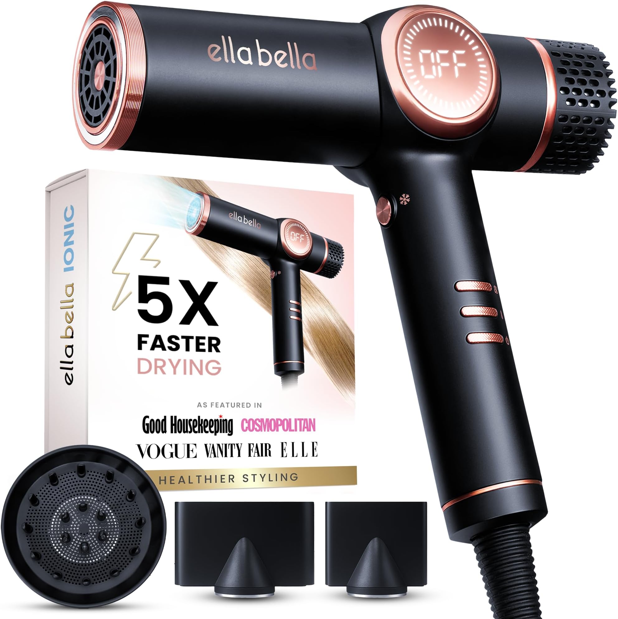 ELLA BELLAยฎ Professional Ionic Hair Dryer with Diffuser โข Negative Ion Blow Dryer โข Suitable All Hair Types โข Intelligent Heat Control & Rapid Drying Speeds โข Lightweight Design โข Low Noise Technology