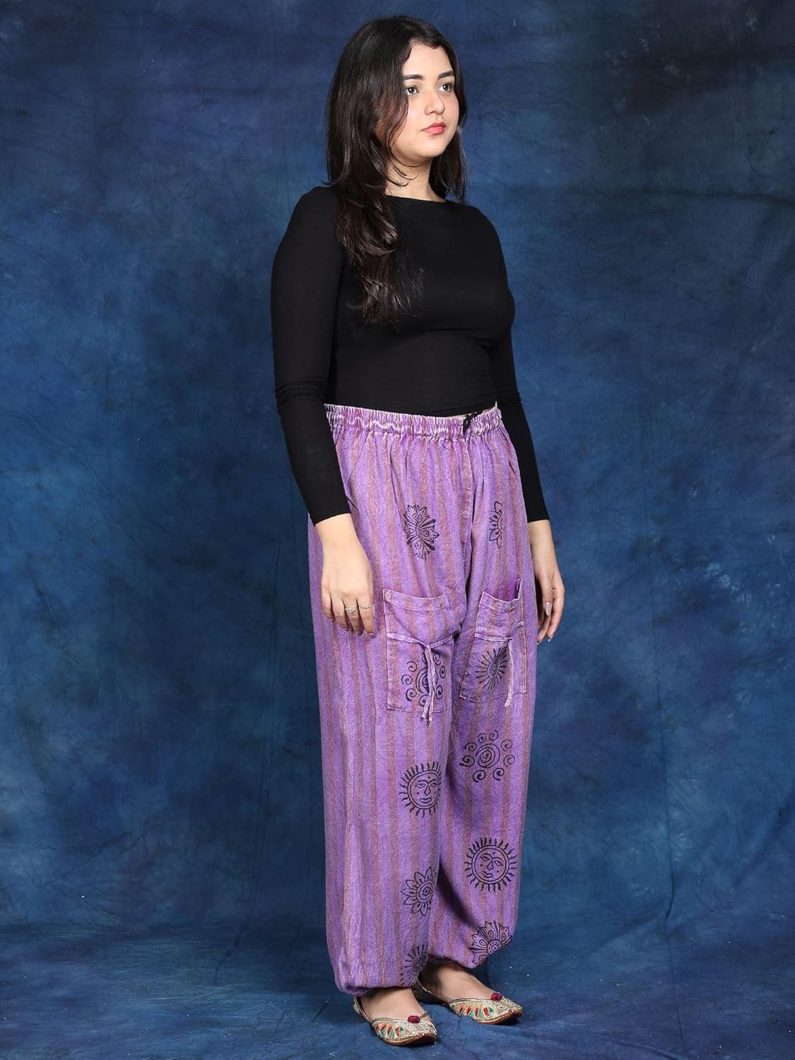 Exotic India Girl's Casual Cotton Yoga Pants Trouser with Printed Hindu Symbols Front Pocket Pant for Girl's Aster Purple