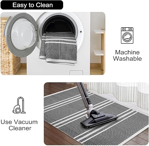Miniatura 5 de KIMODE Alfombra de cocina de 2 x 4.3 pies, lavable reversible, a rayas, para dormitorio, alfombra de algodón tejida a mano, moderna alfombra de