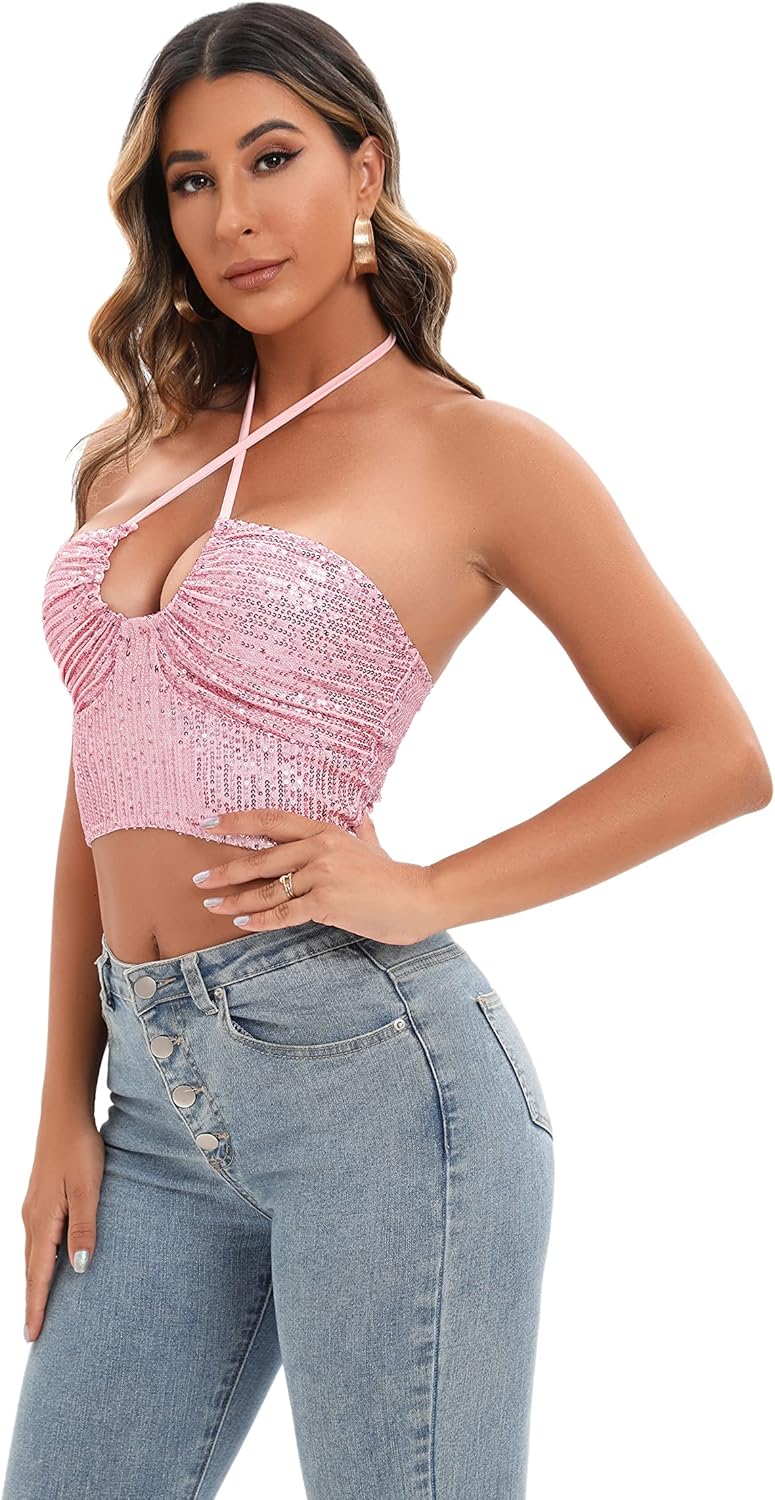 Women Going Out Sexy Trendy Metalli Shiny Sequin Crop Tops Glitter Party Festivals Rave Halter (Medium, Silver) - Image 3