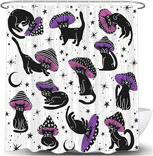 Funny Mushroom Cat Shower Curtain Fun Whimsical Bathroom Curtain 60x72inch | Aesthetic Unique Hilarious Purple Black and White Art Fabric Bath Curtain, 70s 80s Kids Restroom Decor Accessories with Hooks