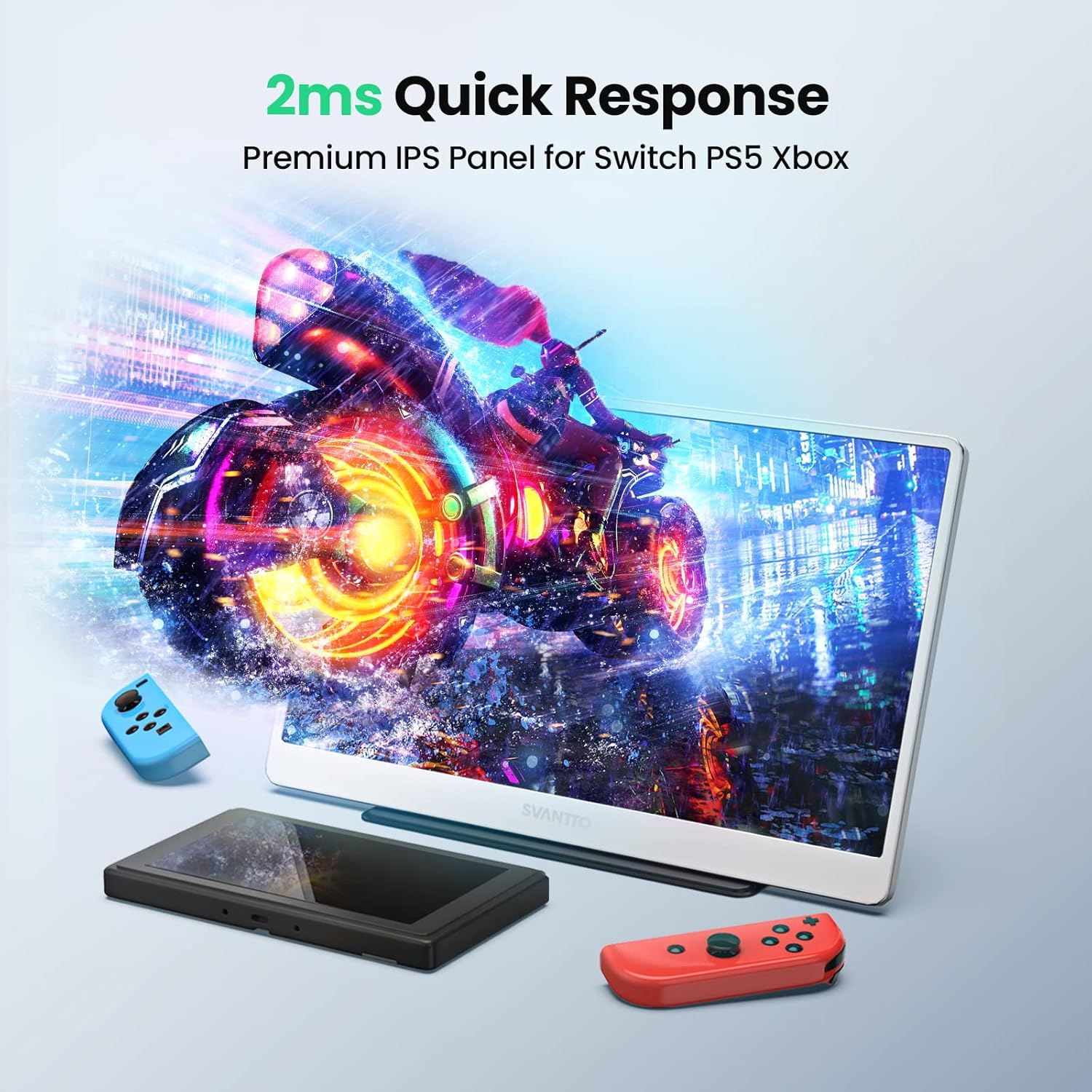 SVANTTO Portable Monitor displaying a vibrant game scene, with a Nintendo Switch and controllers nearby, emphasizing its 2ms quick response time for gaming.