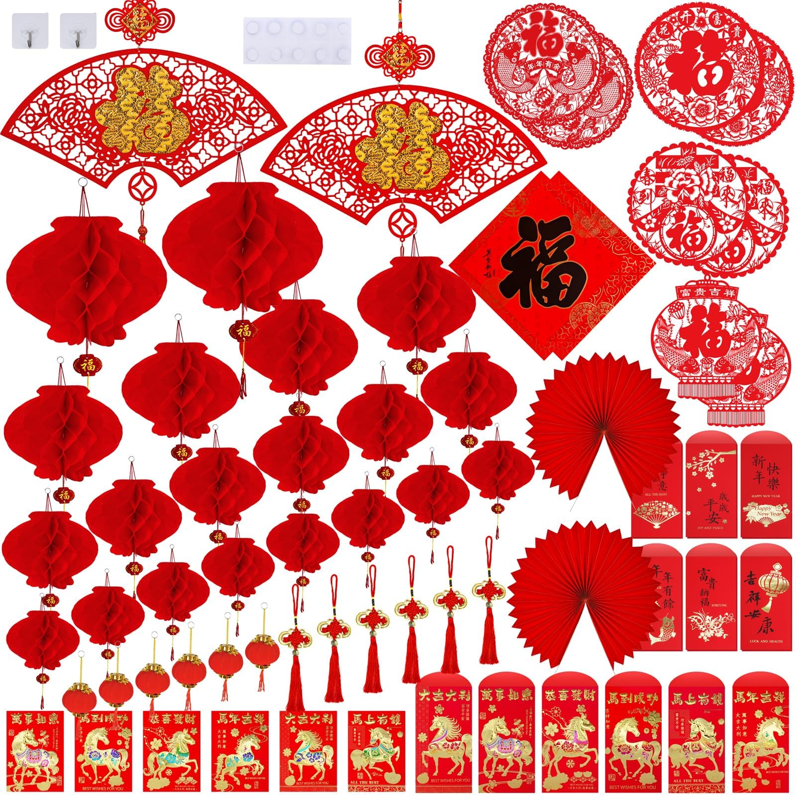 Supla 82 Pcs Chinese New Year Decorations Chinese Hanging Good Luck Ornaments Red Lanterns Festive Tree Ornaments Paper Fans for Asian Chinese Lunar New Year 2026 Year of The Horse Party Decor