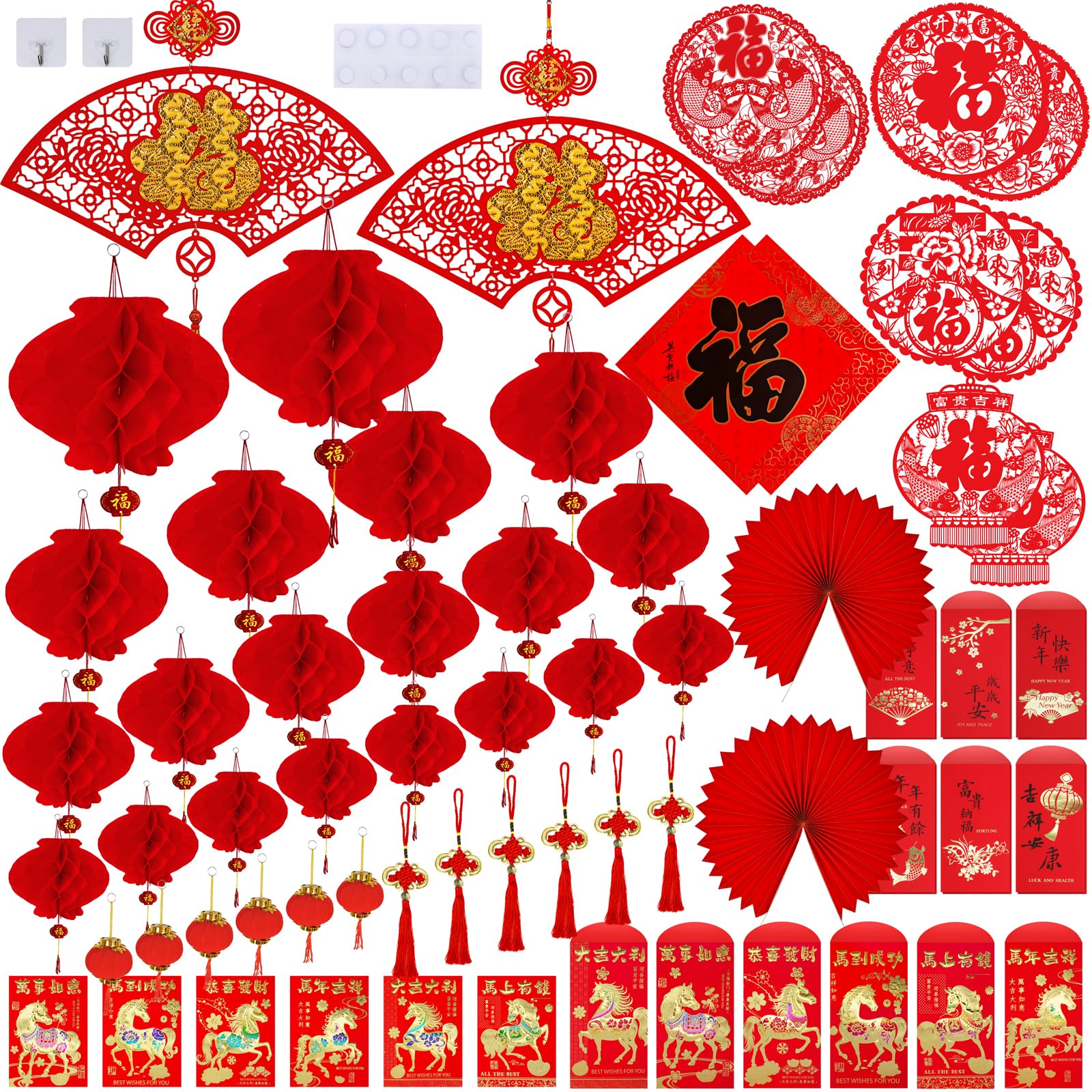 Supla 82 Pcs Chinese New Year Decorations Chinese Hanging Good Luck Ornaments Red Lanterns Festive Tree Ornaments Paper Fans for Asian Chinese Lunar New Year 2026 Year of The Horse Party Decor