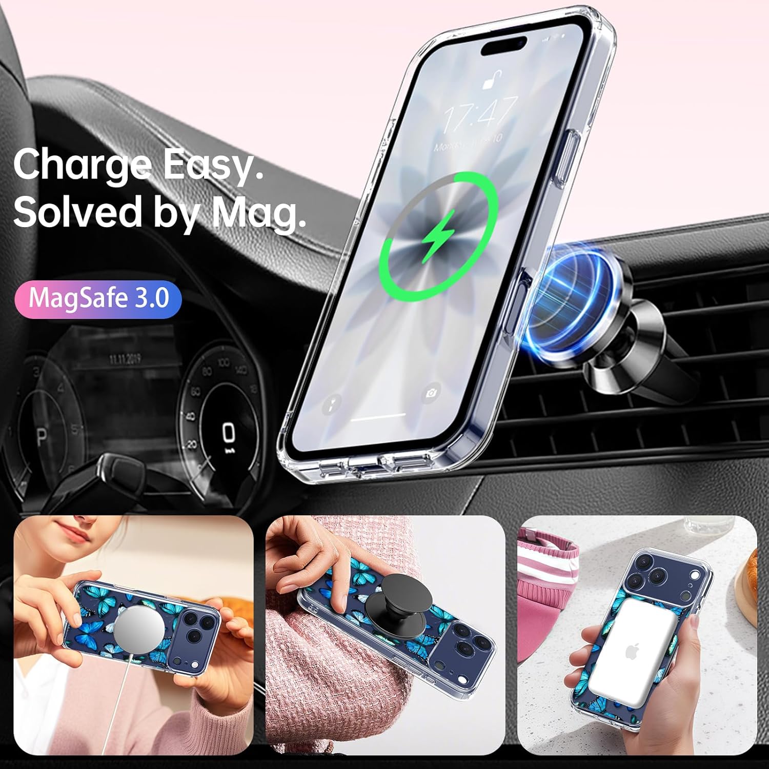 LUHOURI for iPhone 17 Pro Case with Screen Protector - Wireless Charging - Crystal Acrylic Clear - Fashionable Designs for Women Girls - Slim Fit Protective Phone Cover, Floral Blue Butterflies - Image 2