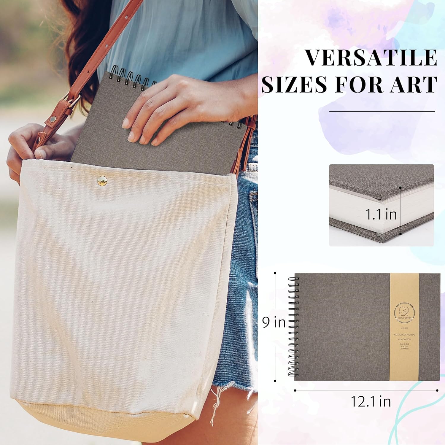Vienrose Watercolor Book, 12.1"x9" Watercolor Journal with 36 Sheets 140 LB (300 GSM) Cotton Watercolor Paper, Grey Leather Cover Travel Art Journal for Painting & Notes
