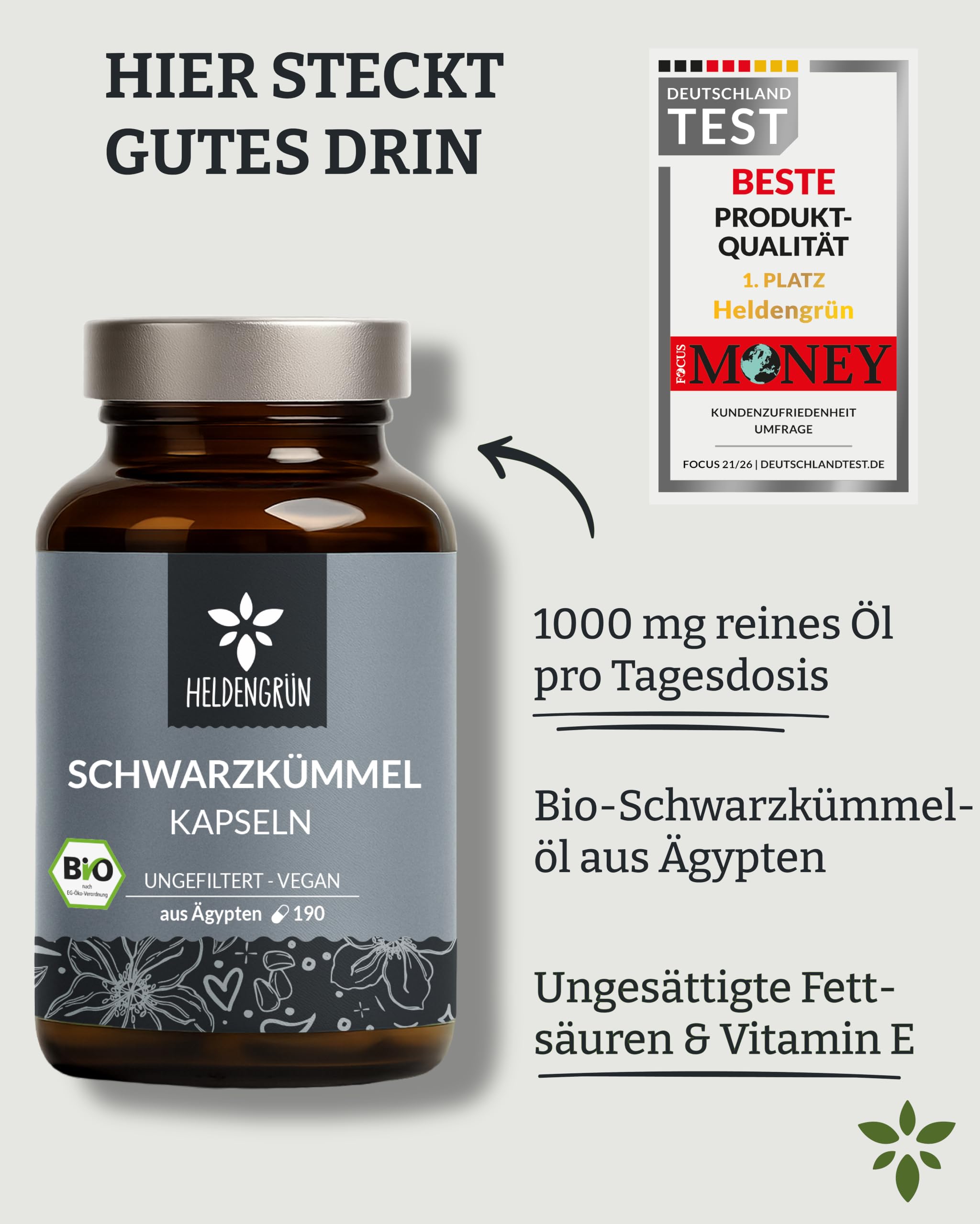 Heldengrün® BIO Schwarzkümmelöl Kapseln [HOCHDOSIERT] 3x190 St. | Kaltgepresst aus Ägypten · 3-Monats-Vorrat pro Dose · Laborgeprüft · vegan & magensaftresistent · Deutsches Startup