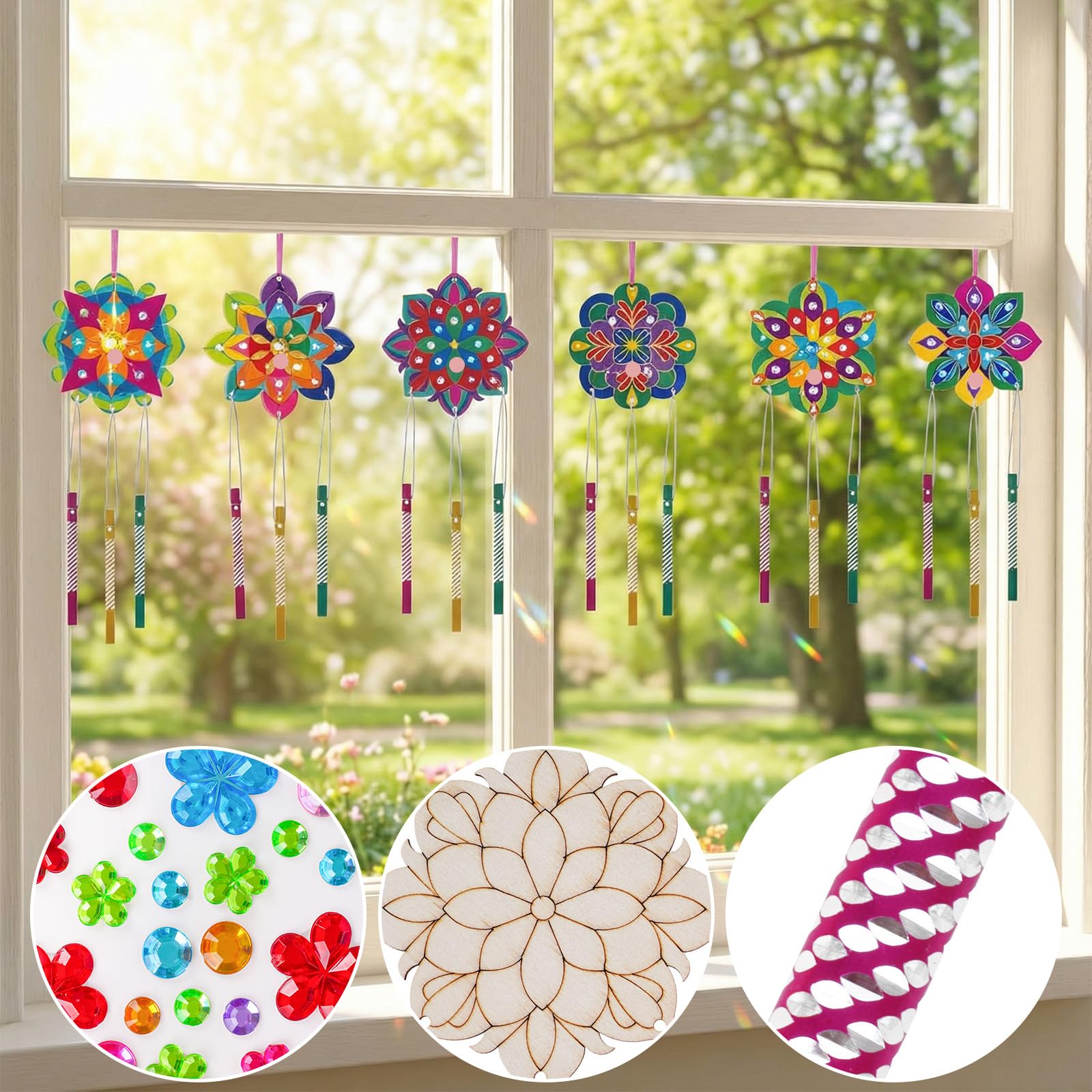 Juego de 10 carillones de viento para niños, manualidades, madera, carillones de viento para niños, mandala, juegos de manualidades de madera, decoración de jardín, creativos, para invitados, fiestas