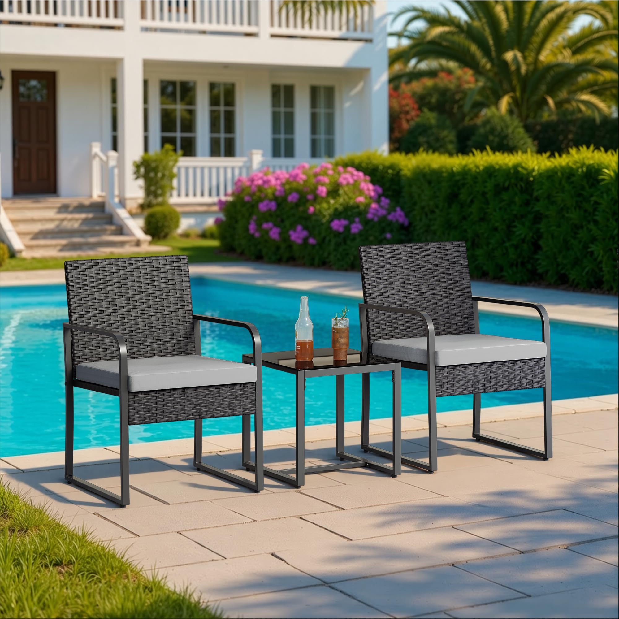 Set Giardino in Rattan per 2 Persone, Mobili da Esterno in Vimini con Cuscini, Tavolino e 2 Sedie per Terrazza, Balcone, Giardino o Piscina (grigio)