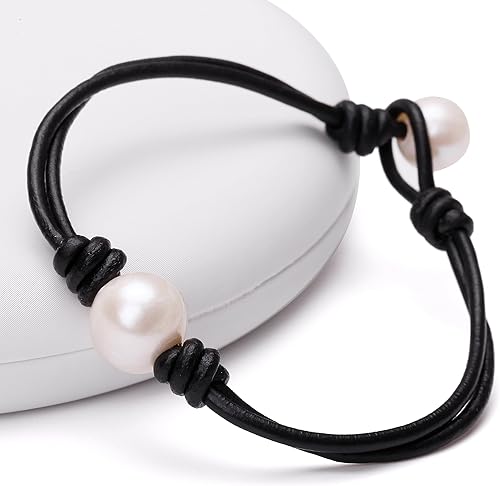 Miniatura 5 de Aobei Pearl Pulsera de perlas cultivadas de agua dulce única de cuero genuino hecha a mano para mujeres, 17.78 cm