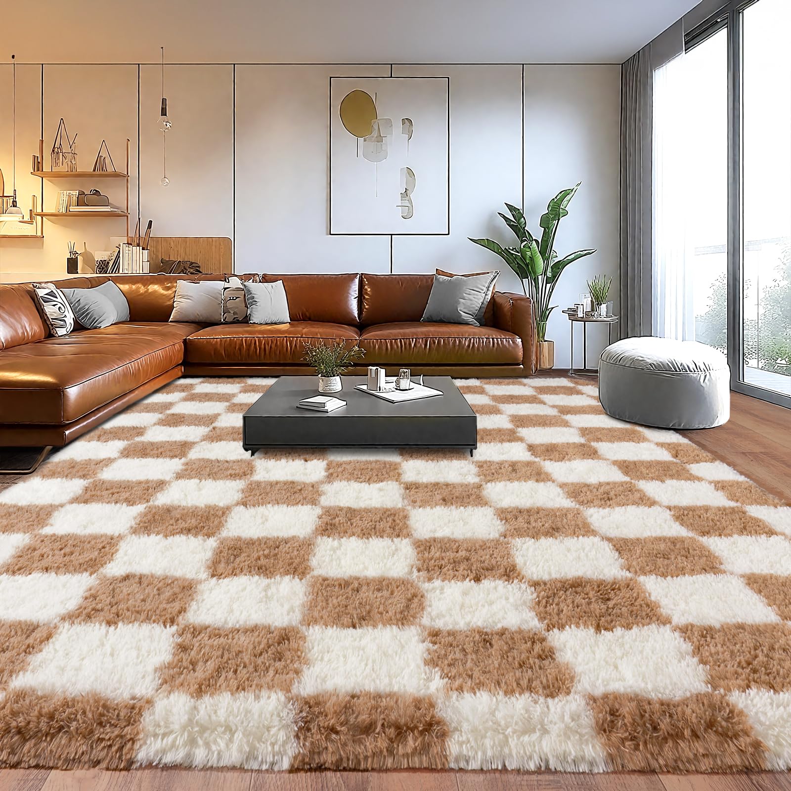 Area Rugs for Living Room, Checkered Shaggy Carpet Non-Slip Fuzzy Rug 6x9ft