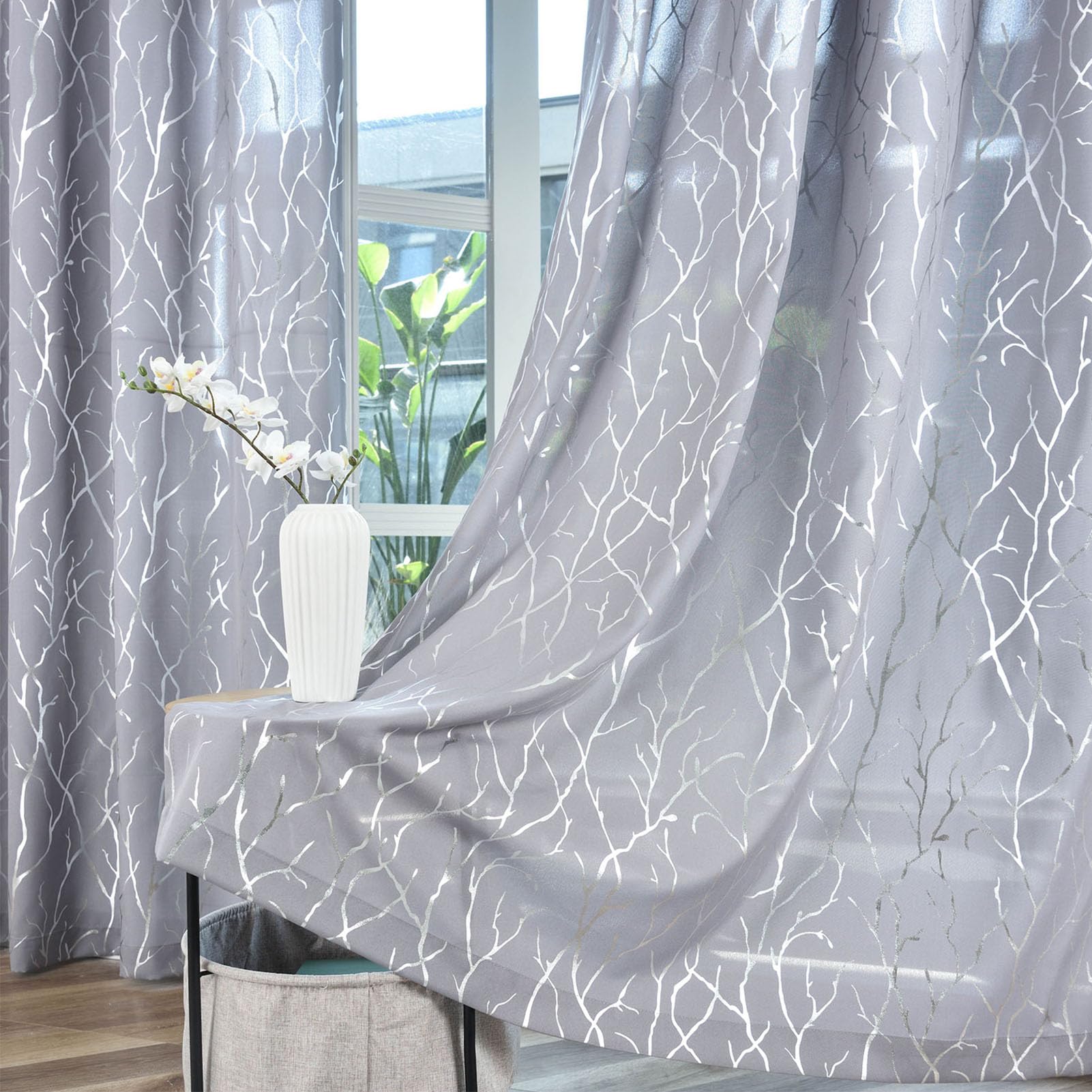 Kotile Silver Curtains 95 Inches Long for Living Room, Metallic Silver Curtain with Foil Tree Branch Patterned, Grommet Privacy Semi-Sheer Shimmer Curtains, 52 x 95 Inch, 2 Panels
