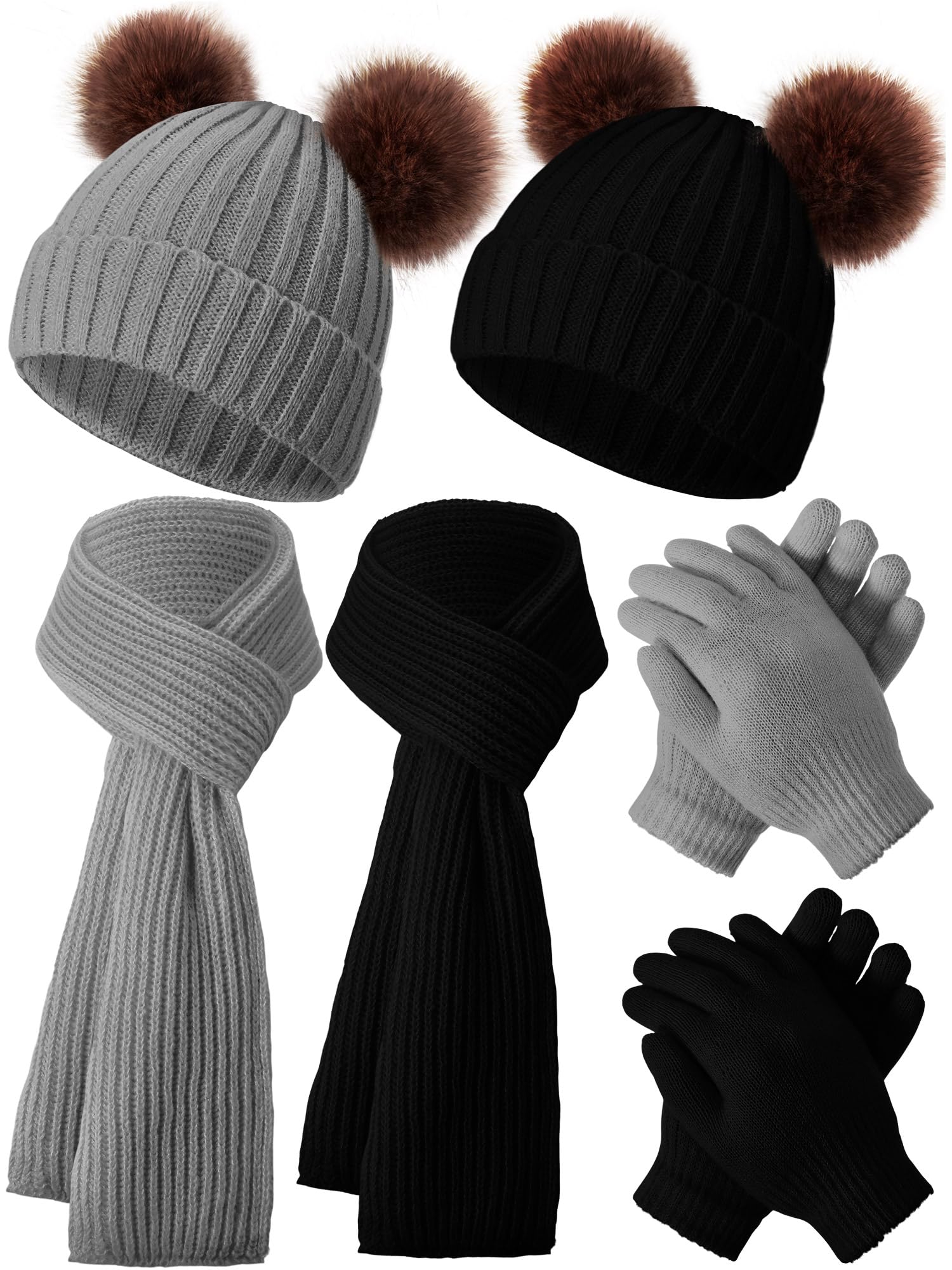 JaGely 2 Sets Kids Winter Hat Gloves Scarf Set Girls and Boys Knit Hat with Pom Warm Scarf Snow Gloves for 3-10 Years Toddler
