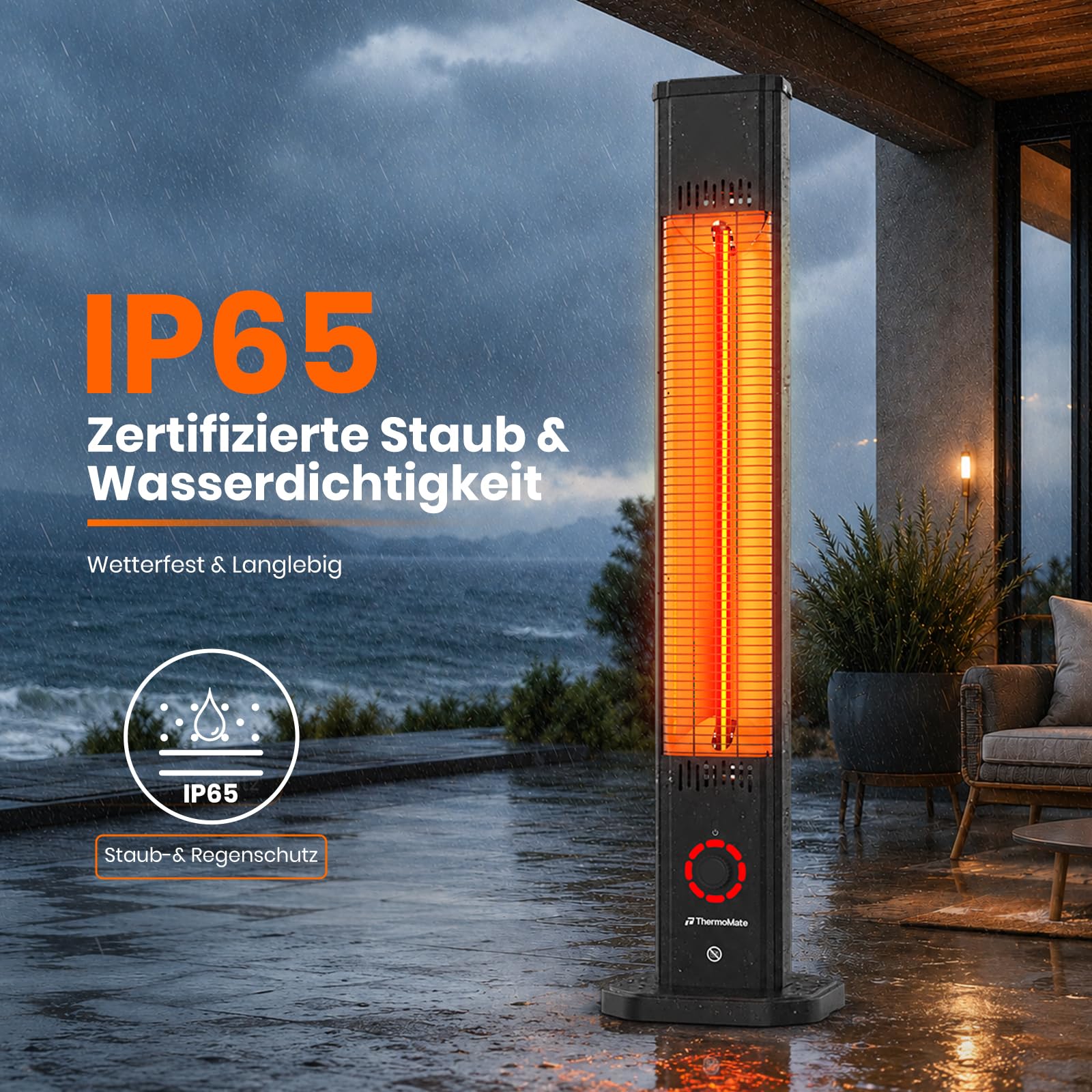ThermoMate Chauffage Terrasse Infrarouge 2000W - 2 en 1 Sur Pied/Mural