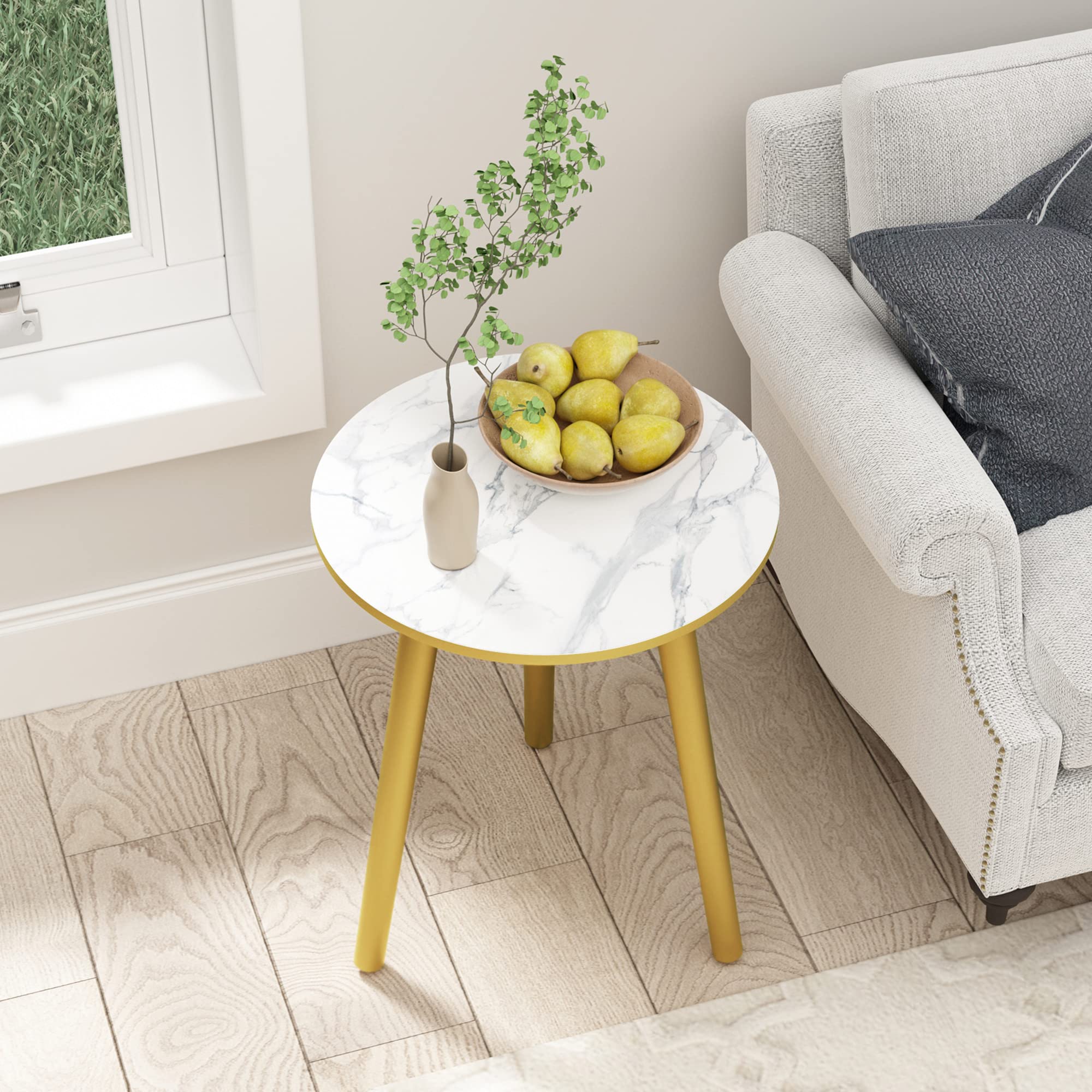 Photo 1 of *Missing Hardware* HLR Round Side Table, Small Wood End Table for Living Room and Bedroom, Modern Nightstand Bedside Table, Gold Side Table with Easy Assembly Gold Legs, White Marble Pattern Top 1 White Marble&gold