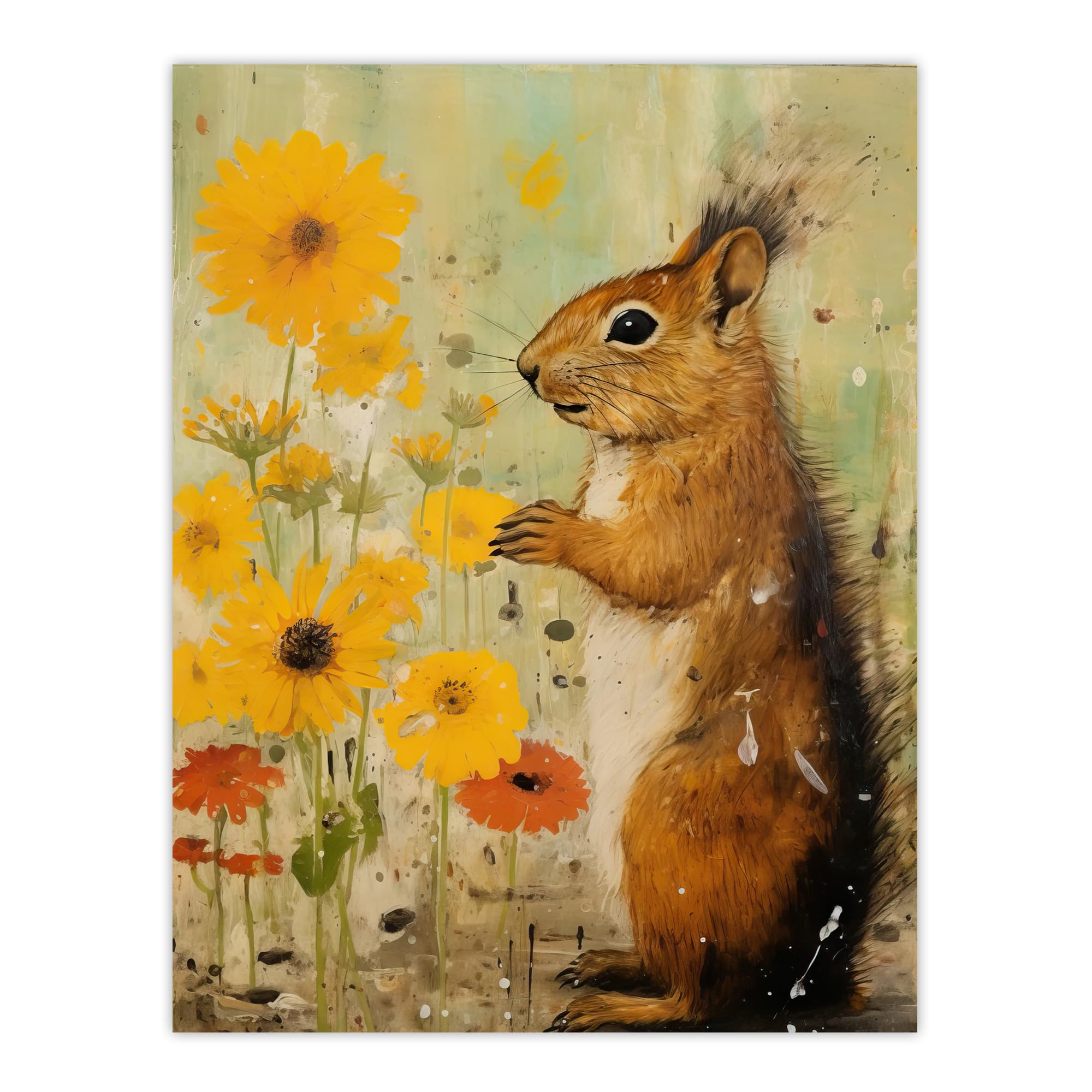 Artery8 Squirrel In The Marigolds Stop To Smell The Flowers Oil Painting Orange And Yellow Extra Large XL Wall Art Poster Print