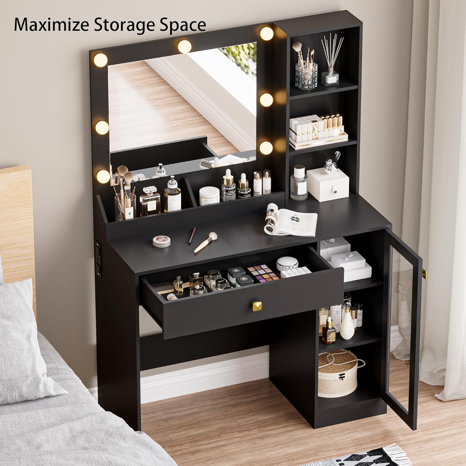 Small Vanity Desk with Mirror and Lights, Makeup Vanity Desk with Adjustable Brightness 3 Light Modes, RGB Storage Cabinet, Power Outlet, Drawer, Shelves, Vanity Table for Women Girls Bedroom