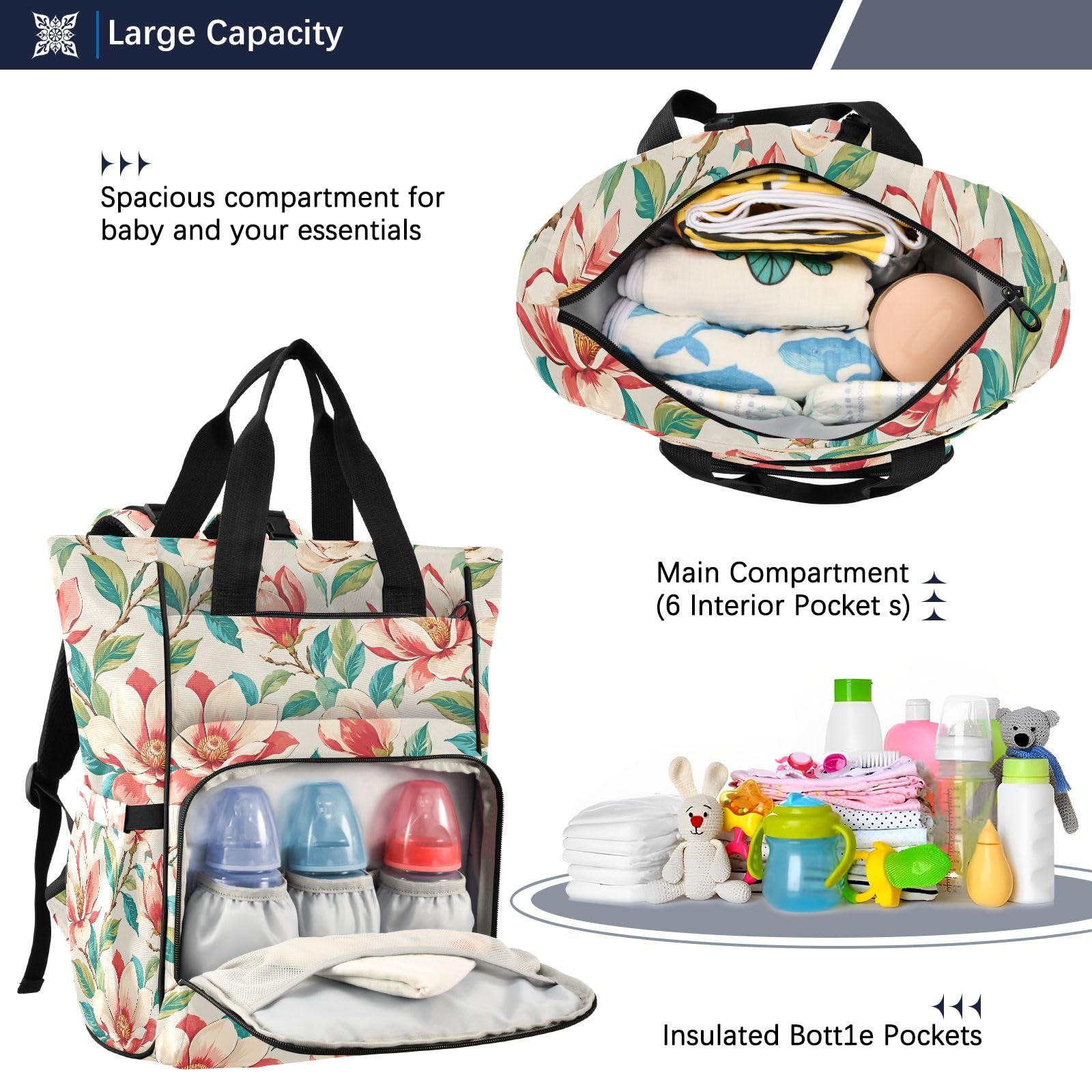 Mnsruu Red Gardenia Pattern Baby Diaper Bag Zaino Grande Borsa Impermeabile Viaggio Pannolino Borse per Mamme e Papà