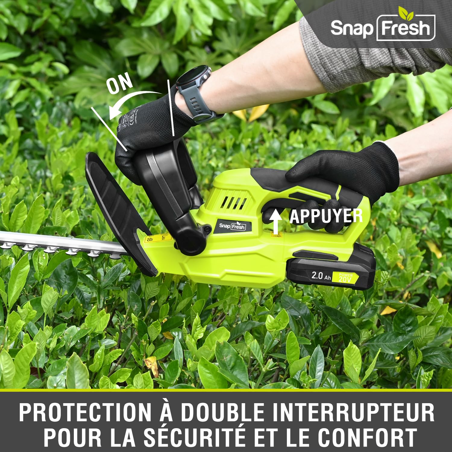 SnapFresh Taille Haie Batterie sans Fil 20V, Léger 2,15 kg, Longueur de Coupe 55 cm, Ø 14 mm, Double Action 2800 SPM, Faible Vibration, Taille-Haie Électrique pour Jardin Haies Arbustes Buissons