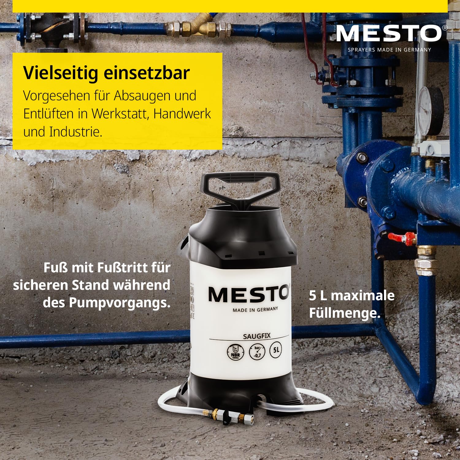 Mesto SAUGFIX Sauggerät 5 L| Saugpumpe mit 0,7 bar Unterdruck | Ölabsaugpumpe für Schmieröl & Nicht Aggressive Flüssigkeiten | Ideal für Auto, Werkstatt & Industrie | mit Kugelhahn & SK-Verschraubung