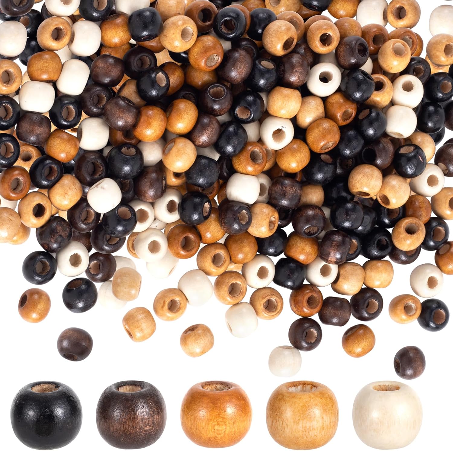 300pcs Wooden Beads, 9 x 10 mm Large Hole Macrame Bead, 5 Colors Natural Wood Hair Bead, Round Loose Spacer Beads for Making Handmade Craft Bracelet Necklace