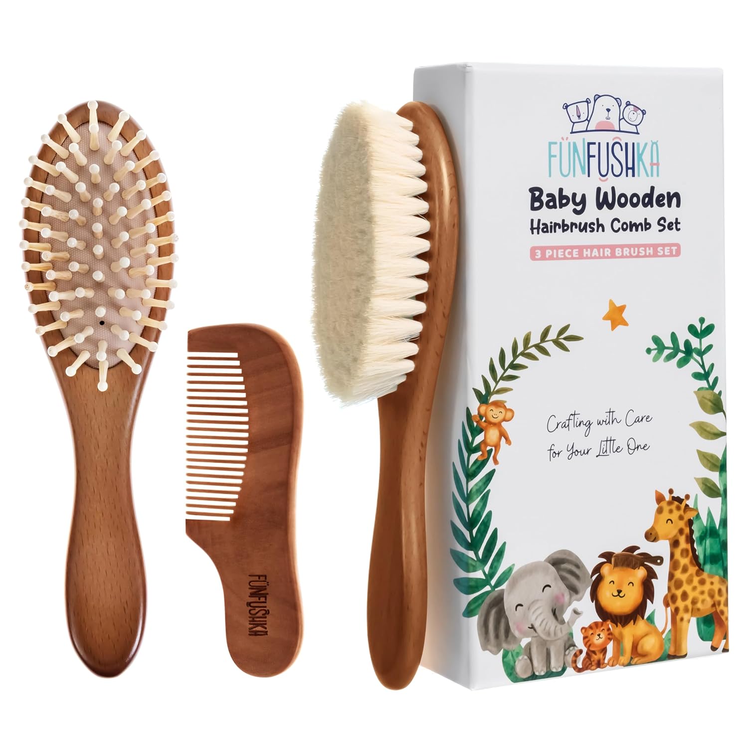 Baby Wooden Hair Brush and Comb Set for Newborn Toddler - Natural HairBrush with Soft Goat Bristle for Girl and Boy, Perfect for Cradle Cap (Oak)