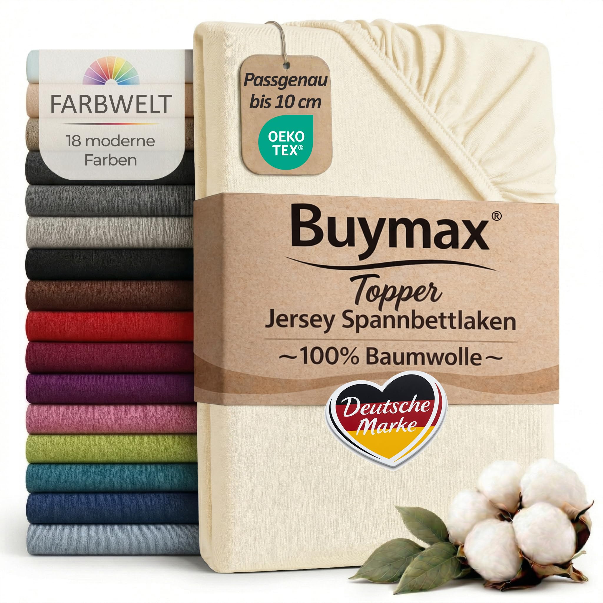 Buymax Jersey Topper Spannbettlaken aus 100% Baumwolle – Spannbetttuch für Topper bis 10 cm Höhe (18 cm Steg), atmungsaktiv, elastisch, Oeko-TEX
