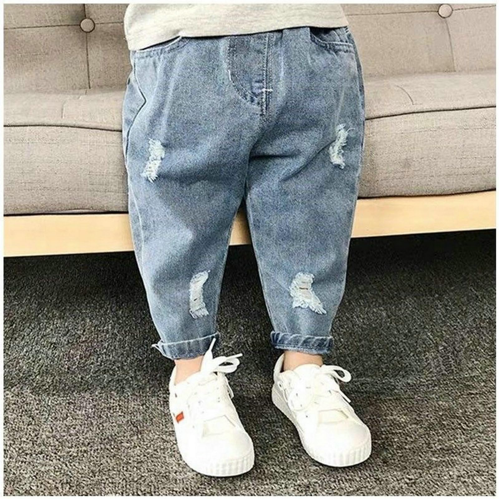 GLYJRXFS Little Baby Boys Girls Elastic Waist Fashion Ripped Jeans Blue