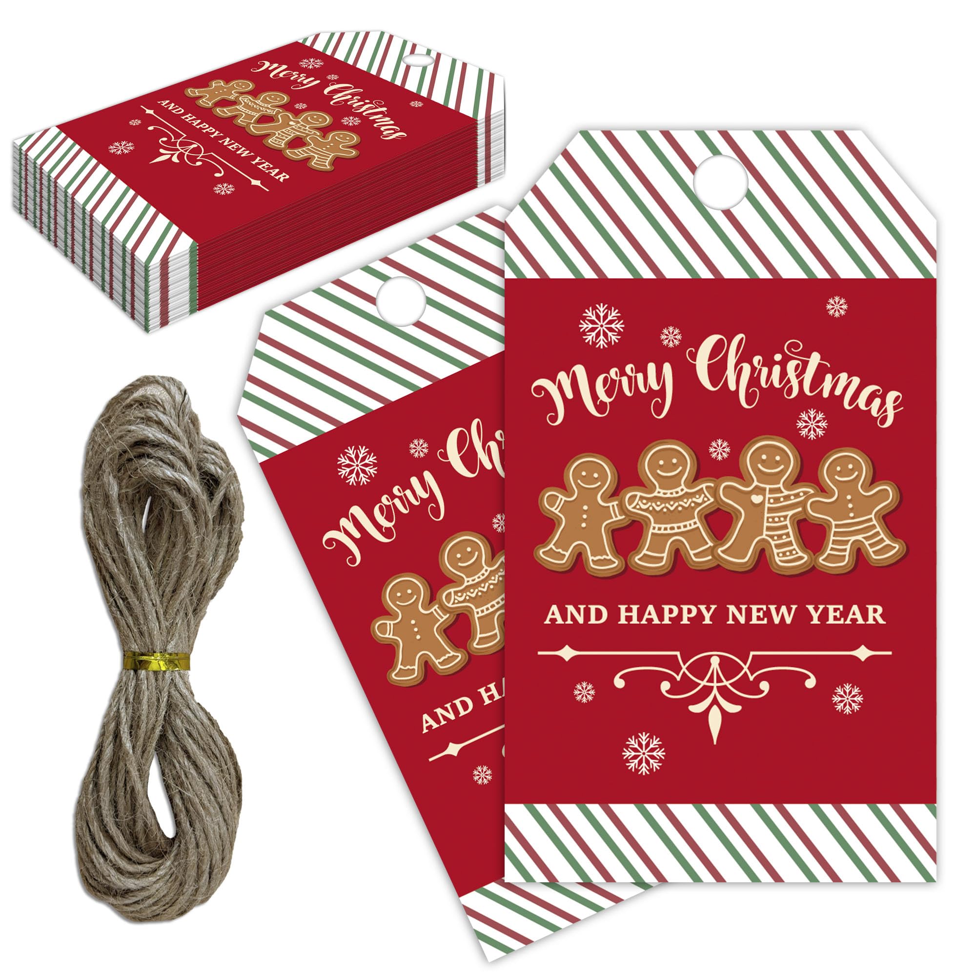 Rote Weihnachts-Geschenk-Etiketten mit Schnur, 5,1 x 8,9 cm, Lebkuchenmann-Geschenkanhänger, 50 Stück Weihnachts-Schneeflocken-Papieranhänger, Urlaubsverpackung, Partyzubehör, rot-grün gestreift - C02
