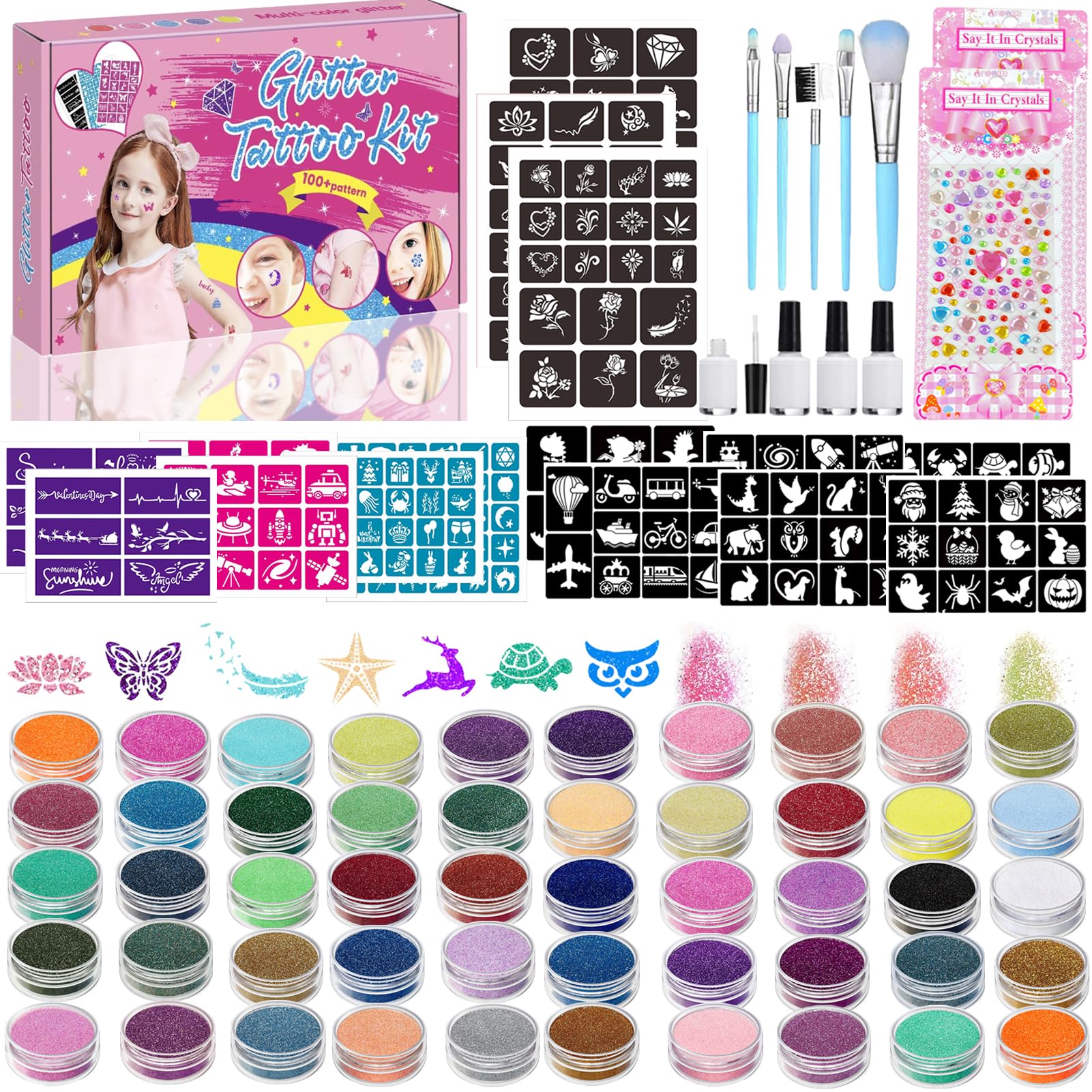 TEUVO 25 Colori Set di Tatuaggi Glitter con 225 Stencil, 6 Penne, 2 Fogli Strass, 5 Pennelli, 20 Fogli Stili Misti Modelli di Tatuaggi, Tatuaggi Temporanei per Bambini Natale Compleanno Halloween