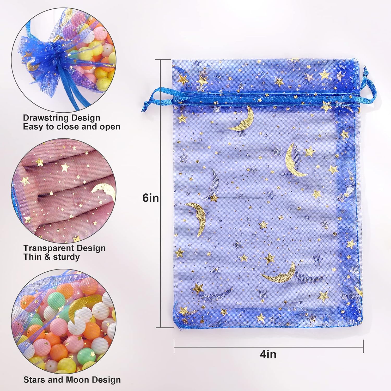 ENNIYU 100 Pieces Moon Star Organza Bags, 4x6“ Mixed Color Christmas Wedding Favors Gift Drawstring Bags Jewelry Pouches Candy Mesh Pouches